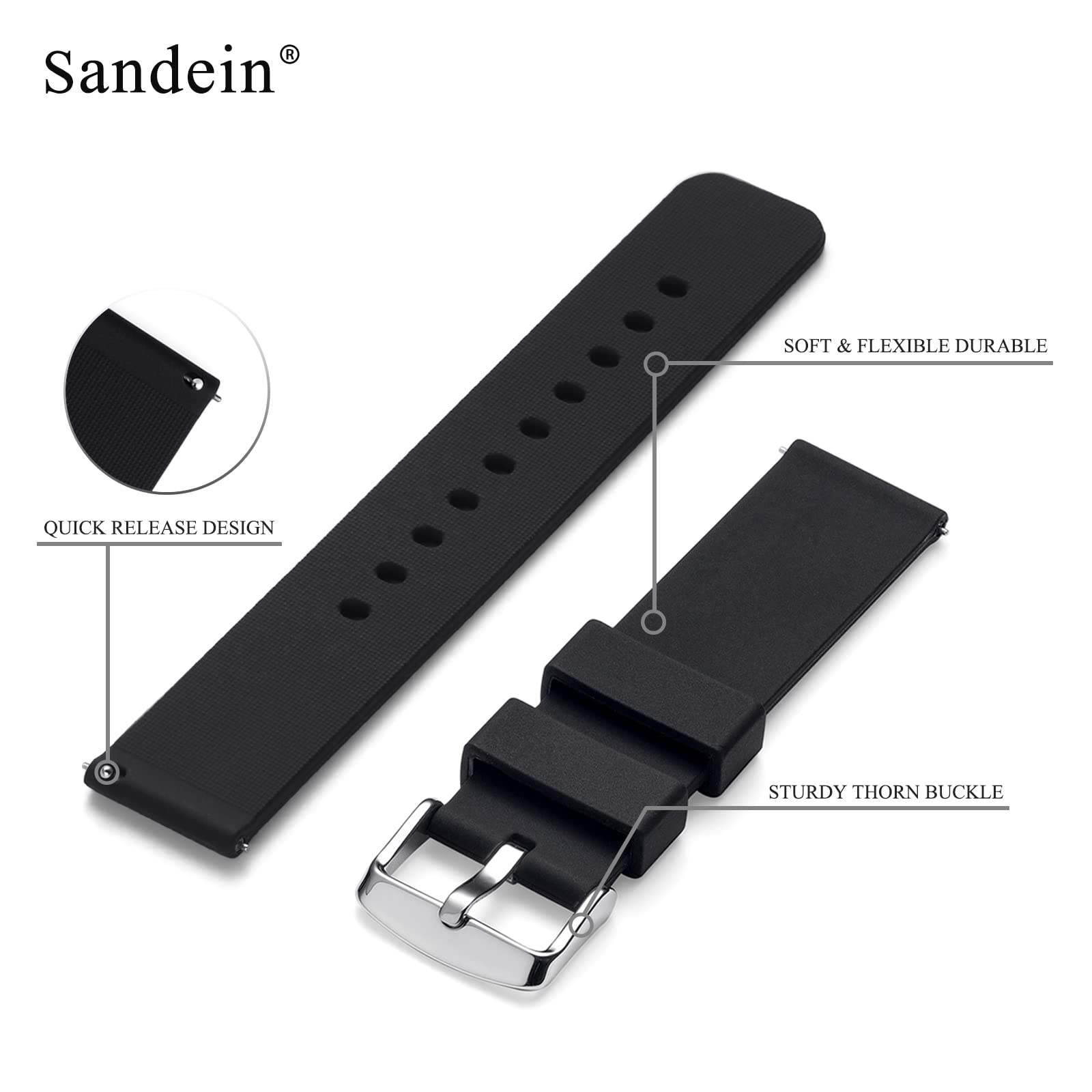 Sandein Silicone Watch Band  Quick Release, Super Soft Rubber Replacement Strap, Compatible With 18Mm, 20Mm, 22Mm Black (Black ,