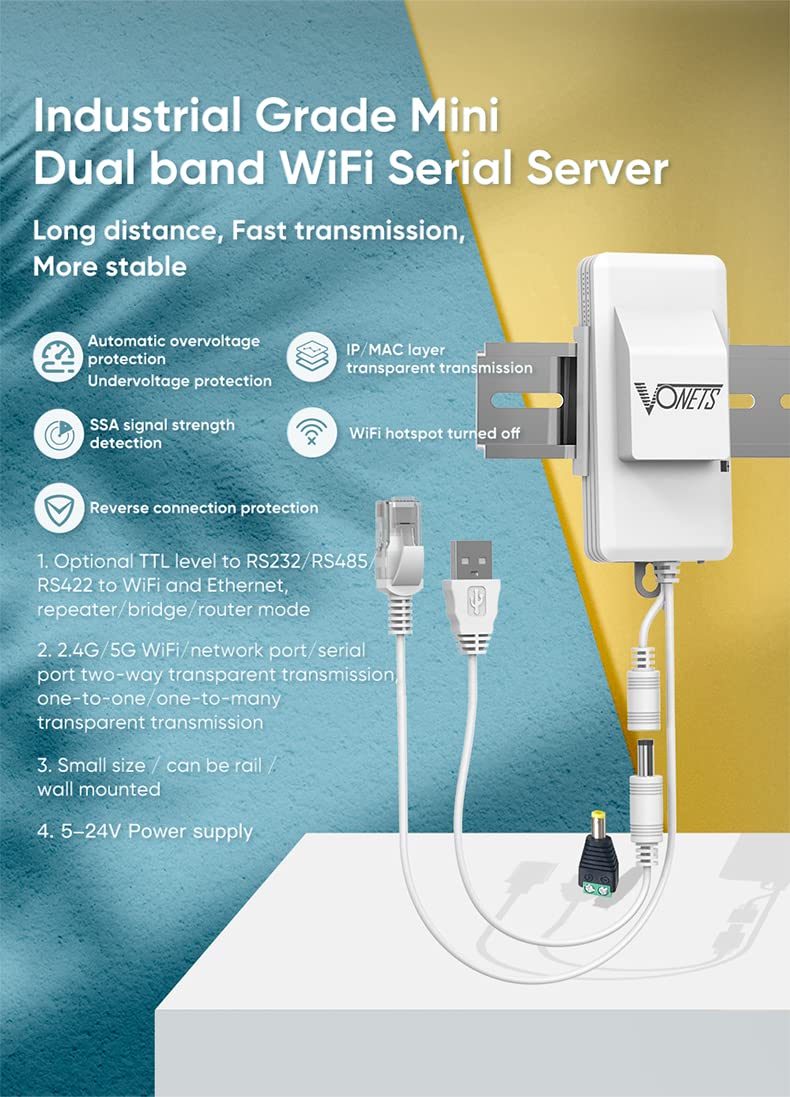Vonets Industrial Dual Band 2.4Ghz/5Ghz Wifi Serial Port Server/Wifi Bridge Wireless Repeater Mini Router, Wifi Signal Extender