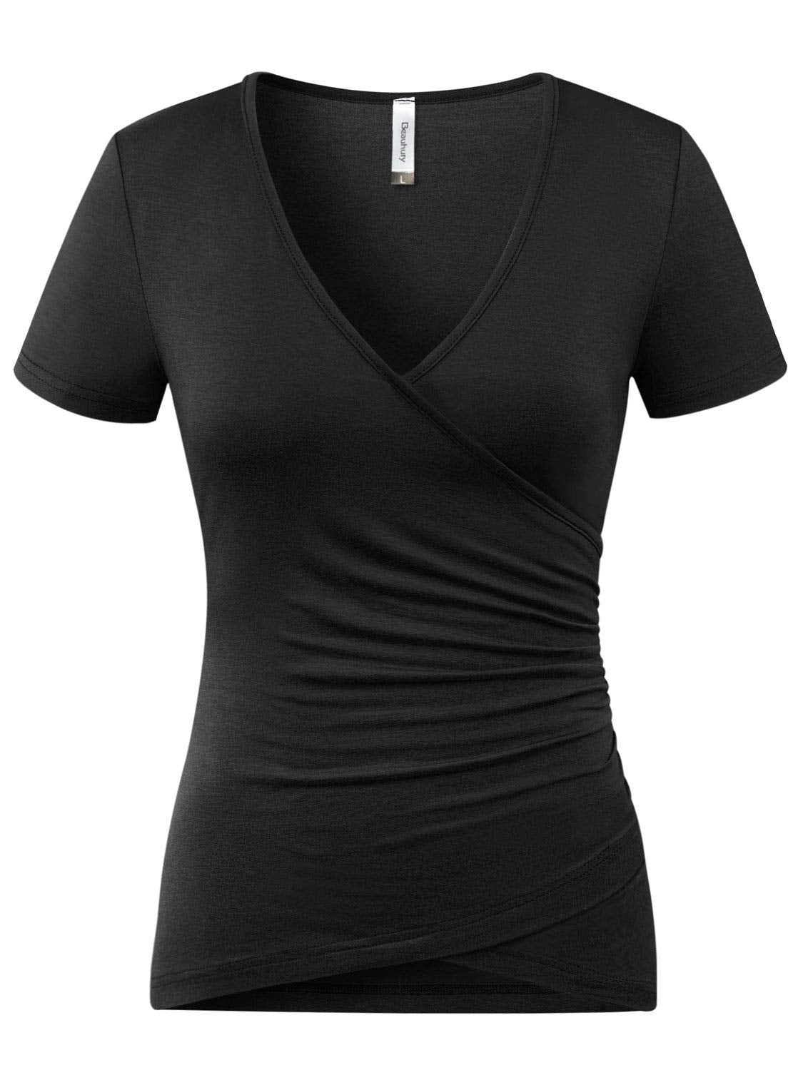 Beauhuty Womens Tops Deep V Neck Slim Fitted T Shirt Front Surplice Wrap Ruched Short Sleeve Tees (M, Short Black)