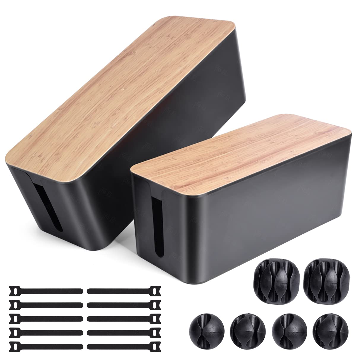 Cable Management Box, 2 Pack Large  Medium Bamboo Style Cable Organizer Box With 17 Pcs Cable Management Set, Cord Organizer Box
