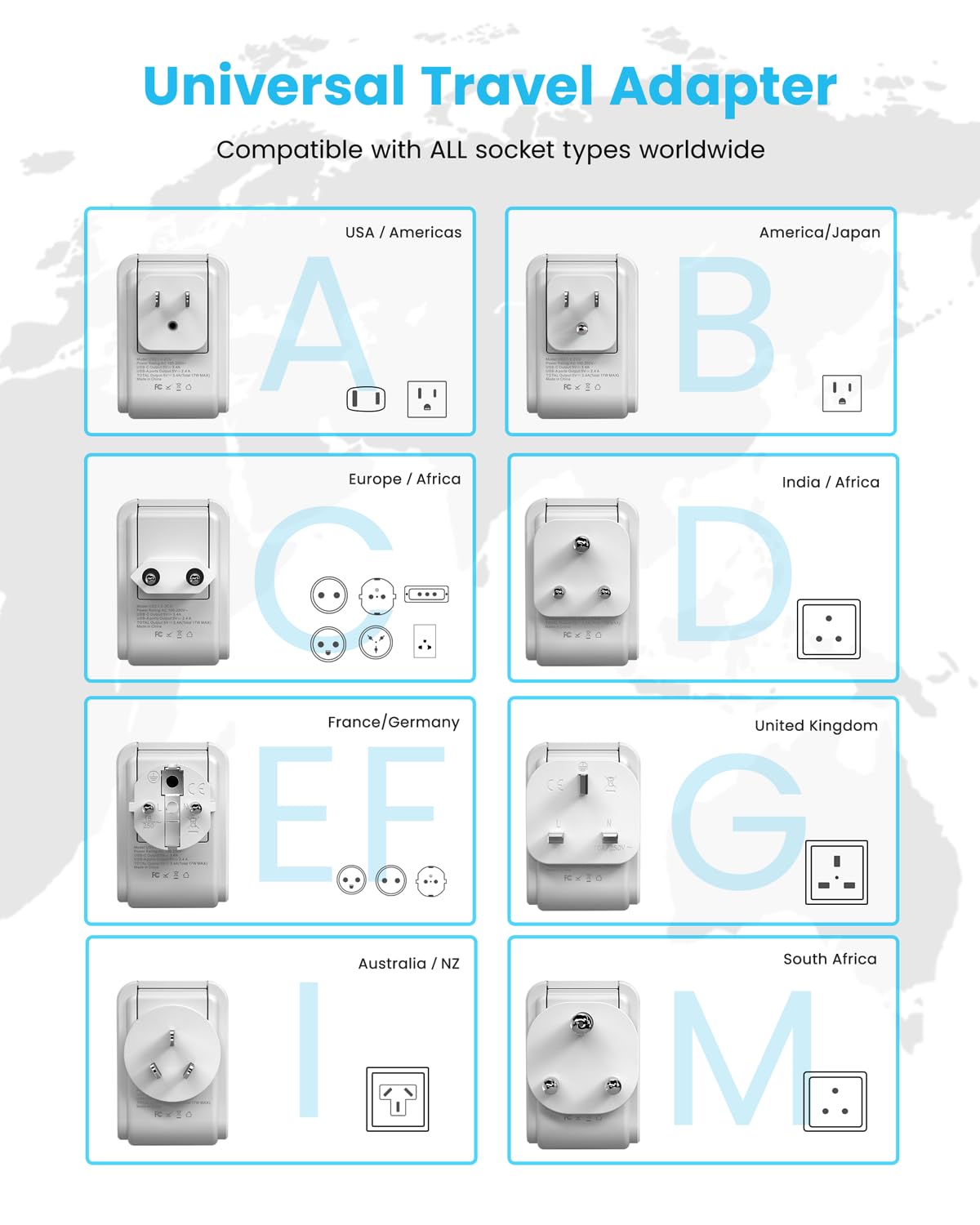 Vintar Universal Travel Adapter Kit, International Power Adapter With 3 Usb Ports(2 Usb C) And 2 Ac, Type A,B,C,D,E/F,G,I,M Deta