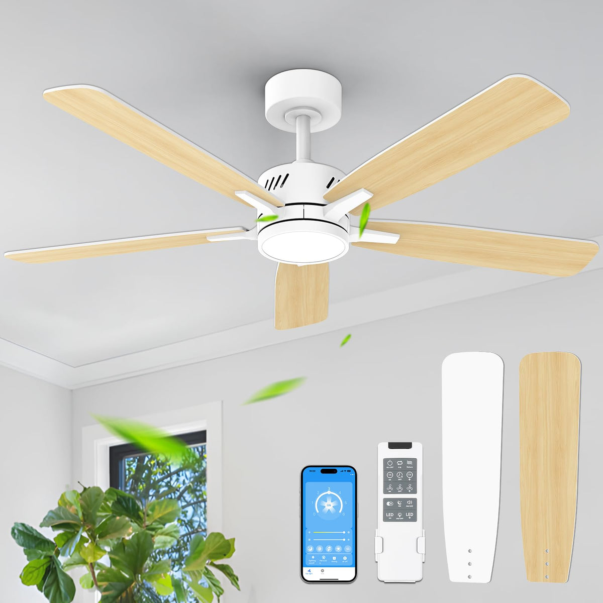 Jofios Ceiling Fans With Lights,48 Inch Ceiling Fan With Light And Remote,Reversible,3Cct,6 Speeds,Dimmable,Noiseless,White Ceil