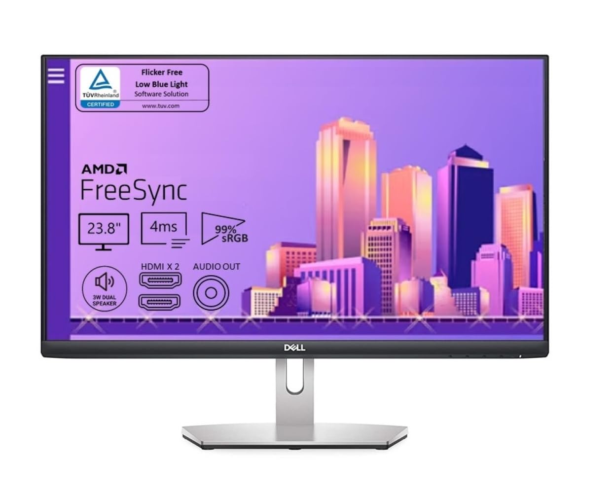 Dell S2421H 24 Inch Full HD 1080p Monitor, IPS Ultra Thin Bezel, 2 x HDMI Ports, Built in Speakers, Silver