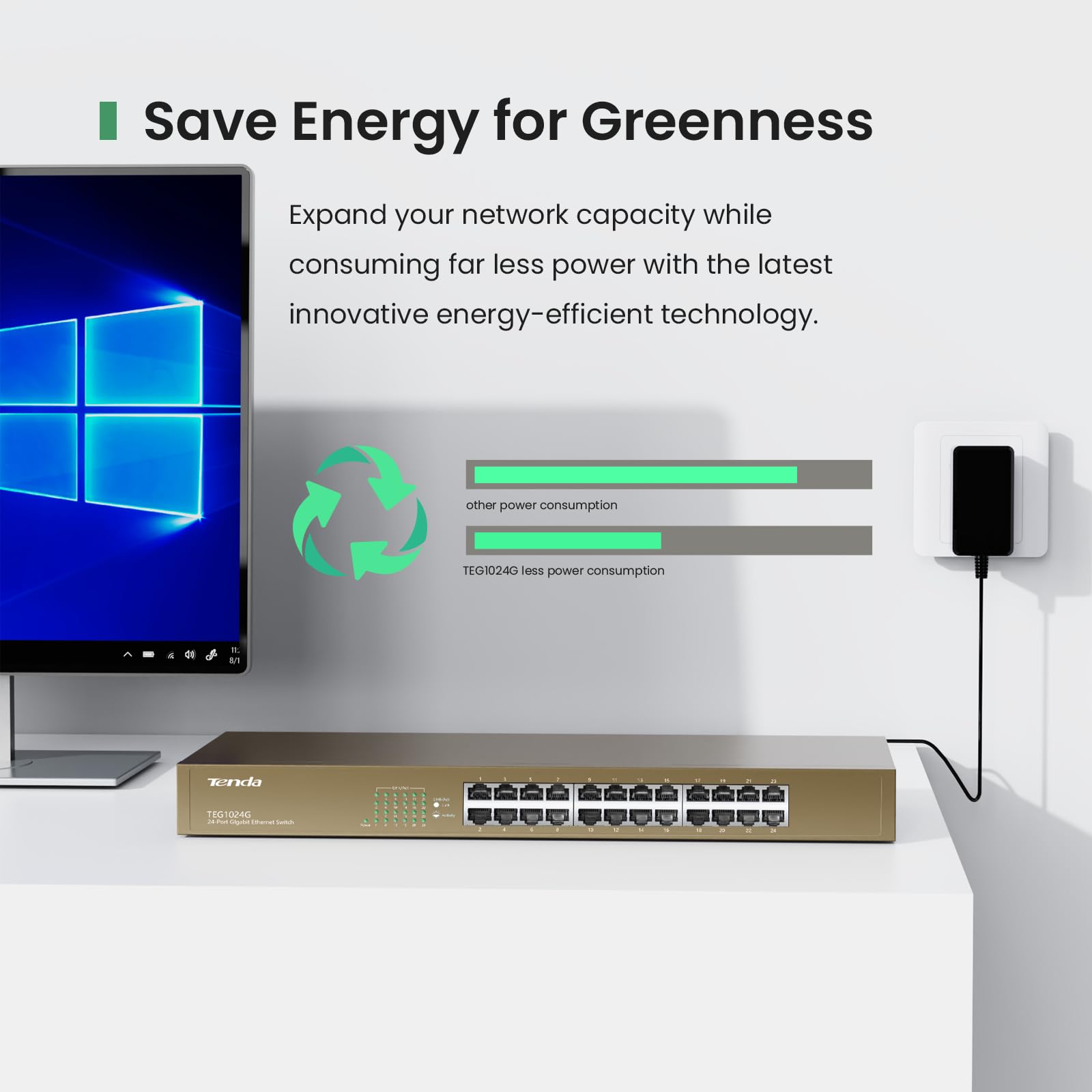 Tenda Teg1024G, 24 Port Gigabit Ethernet Unmanaged Switch, Network Hub, Ethernet Splitter, Plug & Play, Fanless Metal Design, Fl