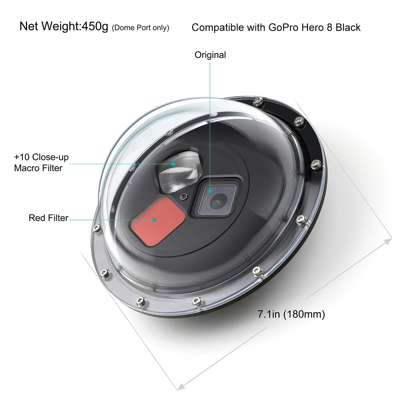 Gepuly Dome Port For Gopro Hero 8 Black, Dome Port Lens With Waterproof Housing Case, Trigger, Floating Hand Grip, Built In Swit