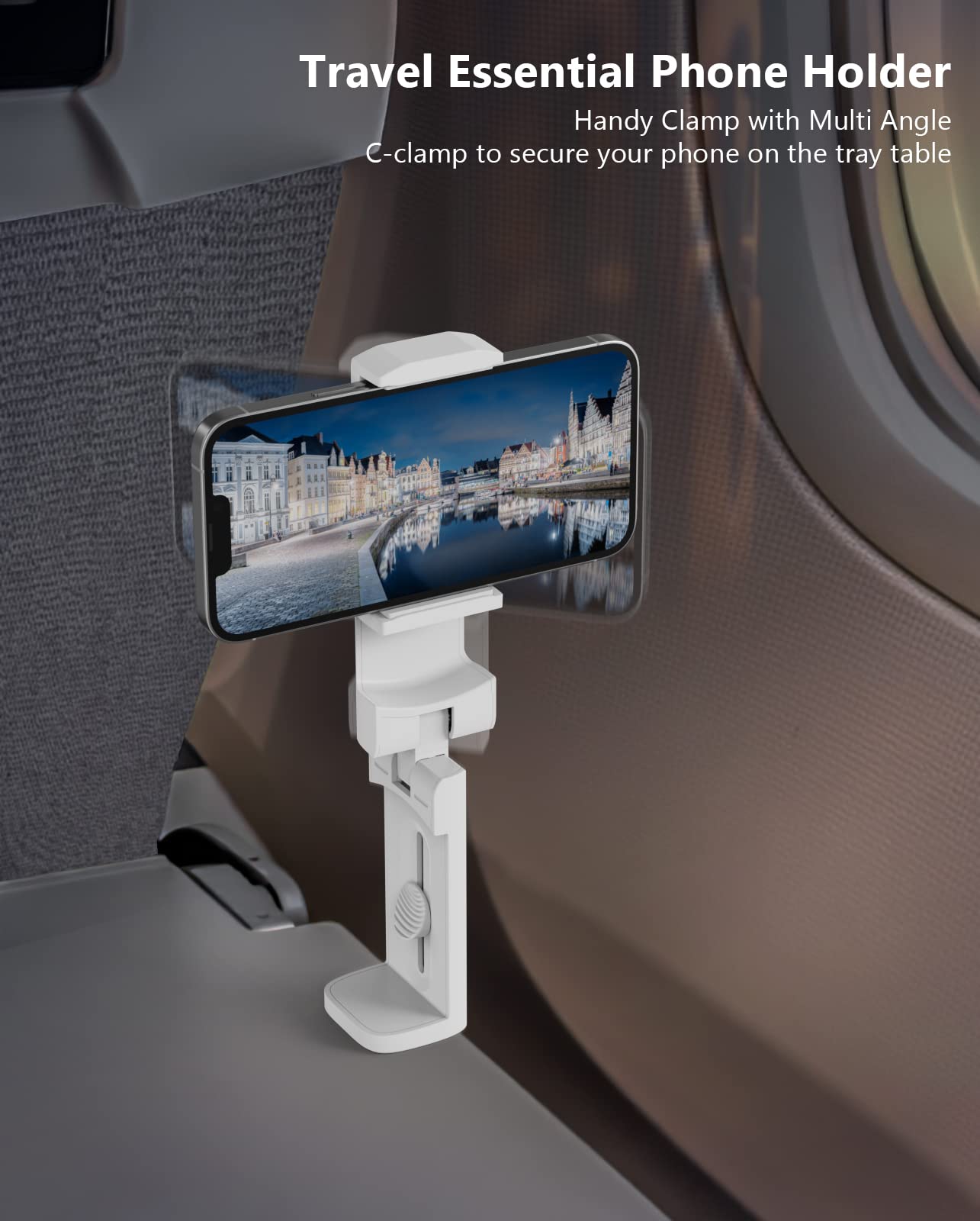 Miikare Airplane Phone Holder, Universal Handsfree Mount With 360 Rotation, Travel Accessory For Airplane, Desk & Table - White