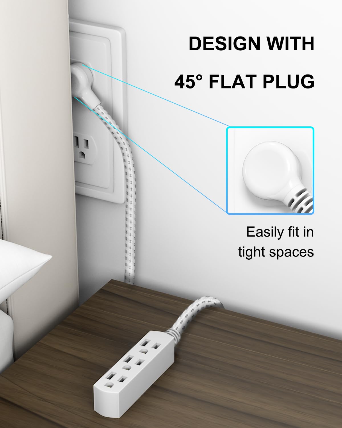 Plugtul Flat Plug Extension Cord 1.5 Ft, 3 Outlet Braided White Extension Cord, 16 Gauge 3 Prong Grounded Wire, Home And Office,