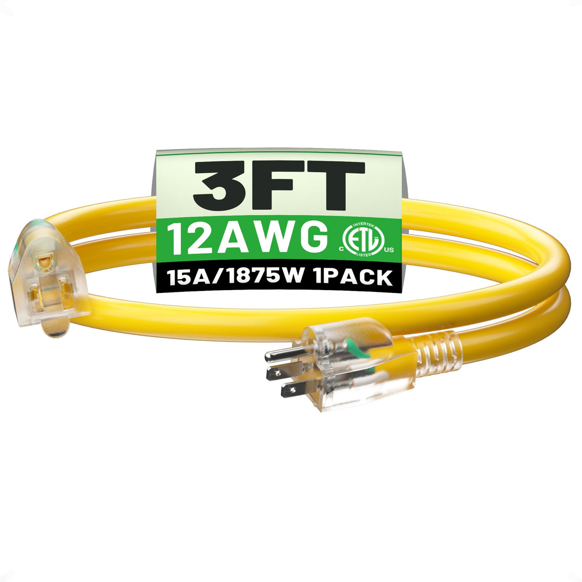Powgrn 3 Ft 12/3 Outdoor Extension Cord Waterproof Heavy Duty 12 Gauge 3 Prong, Flexible Cold Resistant Power Cord Outside With