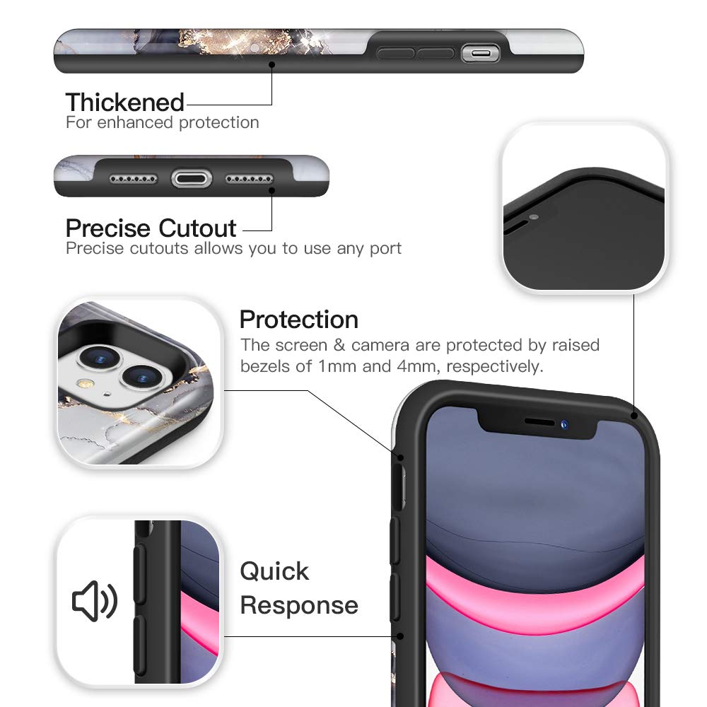 Dutyway Marble Case For Iphone 11, Gold Sparkle Glitter Slim Fit Hard Pc Full Body Shockproof Rugged Bumper Protective Cover Com