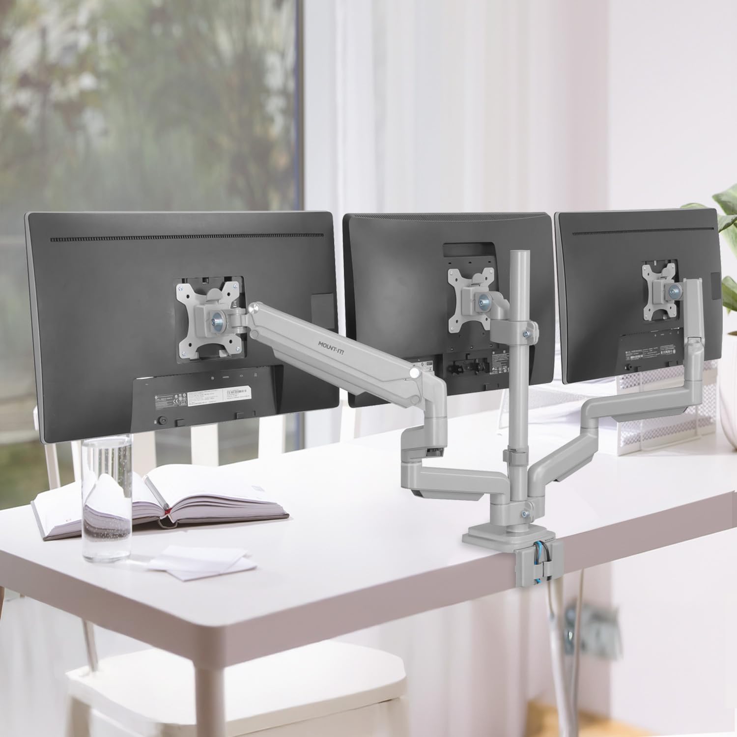 Mount It! Triple Monitor Mount with USB and Audio Ports, 3 Monitor Desk Mount, Balanced Height Adjustable Triple Monitor Stand for Three Computer Screens 24 27 30 32 Inch VESA Screens, Gaming, Office