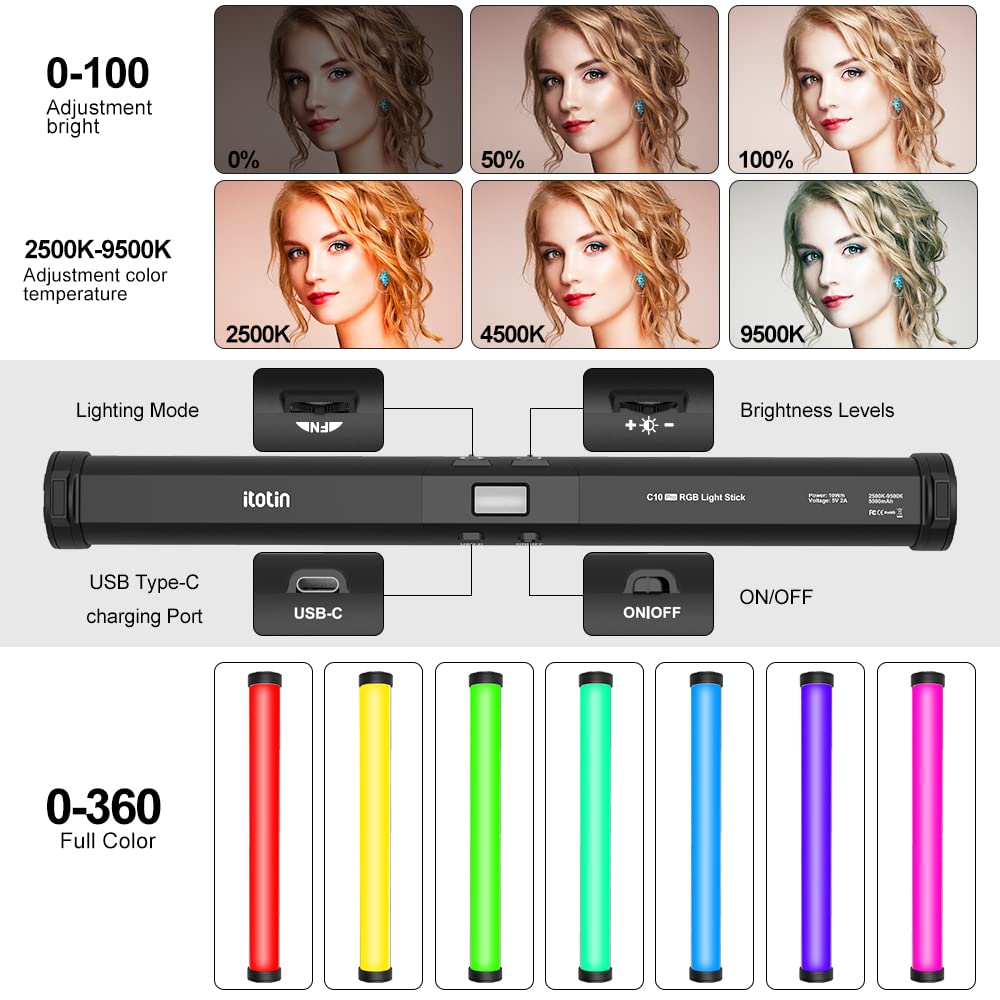 Rgb Led Video Light Wand Stick, 360 Full Color Portable Studio Handheld Photography Lighting Wand 5000Mah Rechargeable Battery &