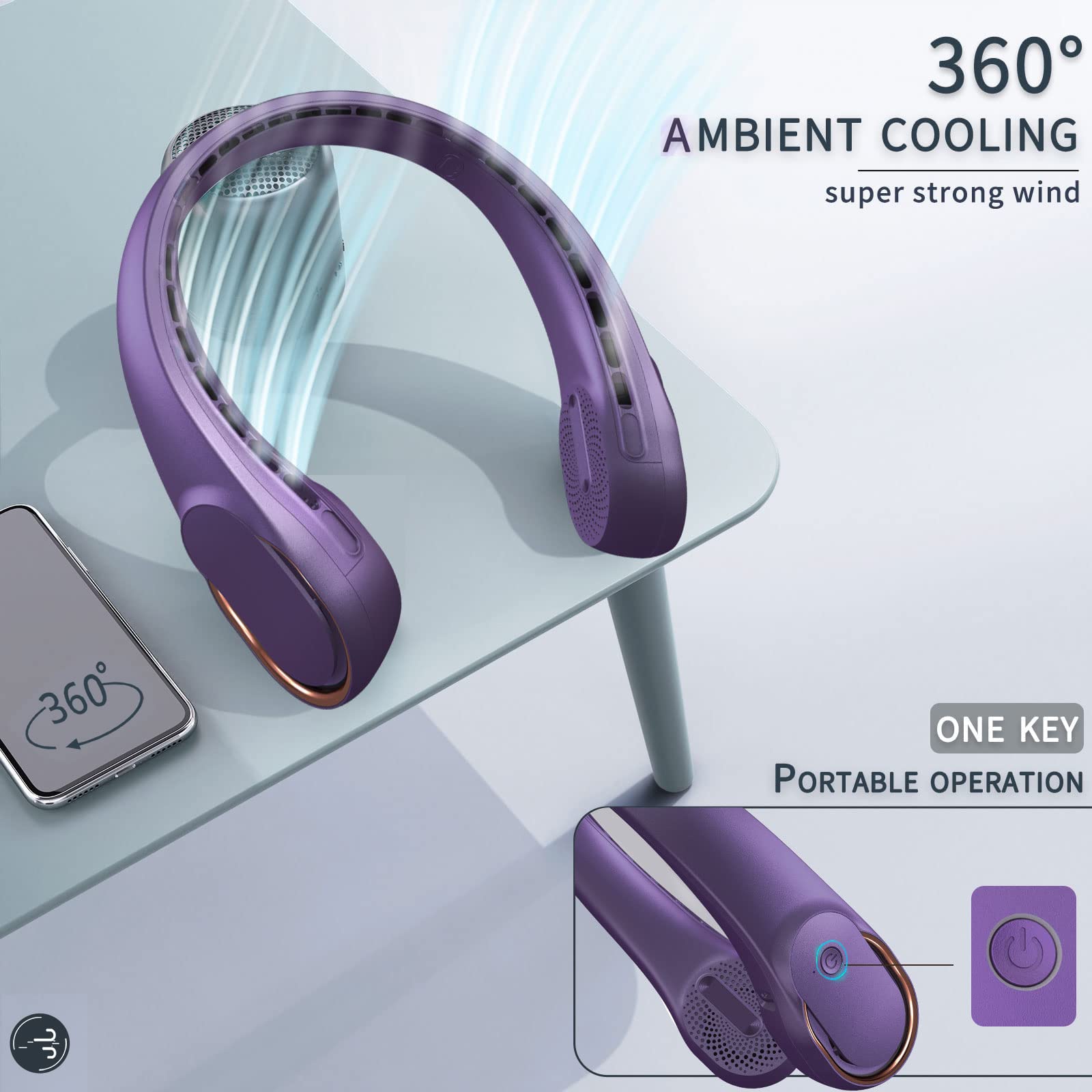 Asnug Portable Neck Fan, Neck Fans For Men, 4000 Mah Rechargeable Personal Fan,360 Hands Free Bladeless Fan, 3 Speeds Adjustable