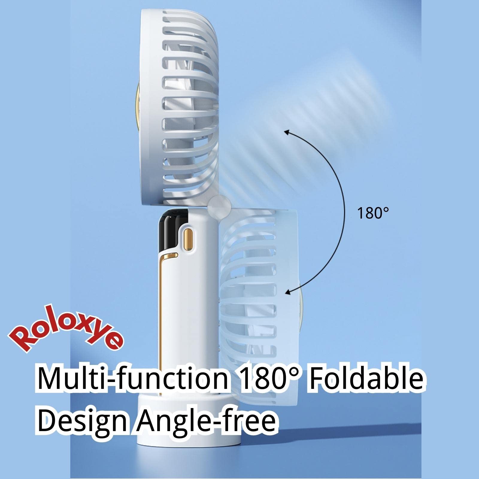 Roloxye Portable Fan Handheld Fan, 6000Mah 180 Foldable Multi Function Fan, 5 Speeds, Digital Display, Ultra Quite, Up To 16H Lo