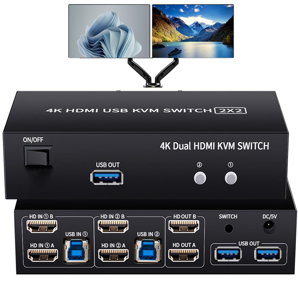 Lukfocab 2 Hdmi Port Kvm Switch Dual Monitor With 3 Usb 3.0 Ports, Hdmi Kvm Switch For 2 Monitors 2 Computers, Support 4K@60Hz C