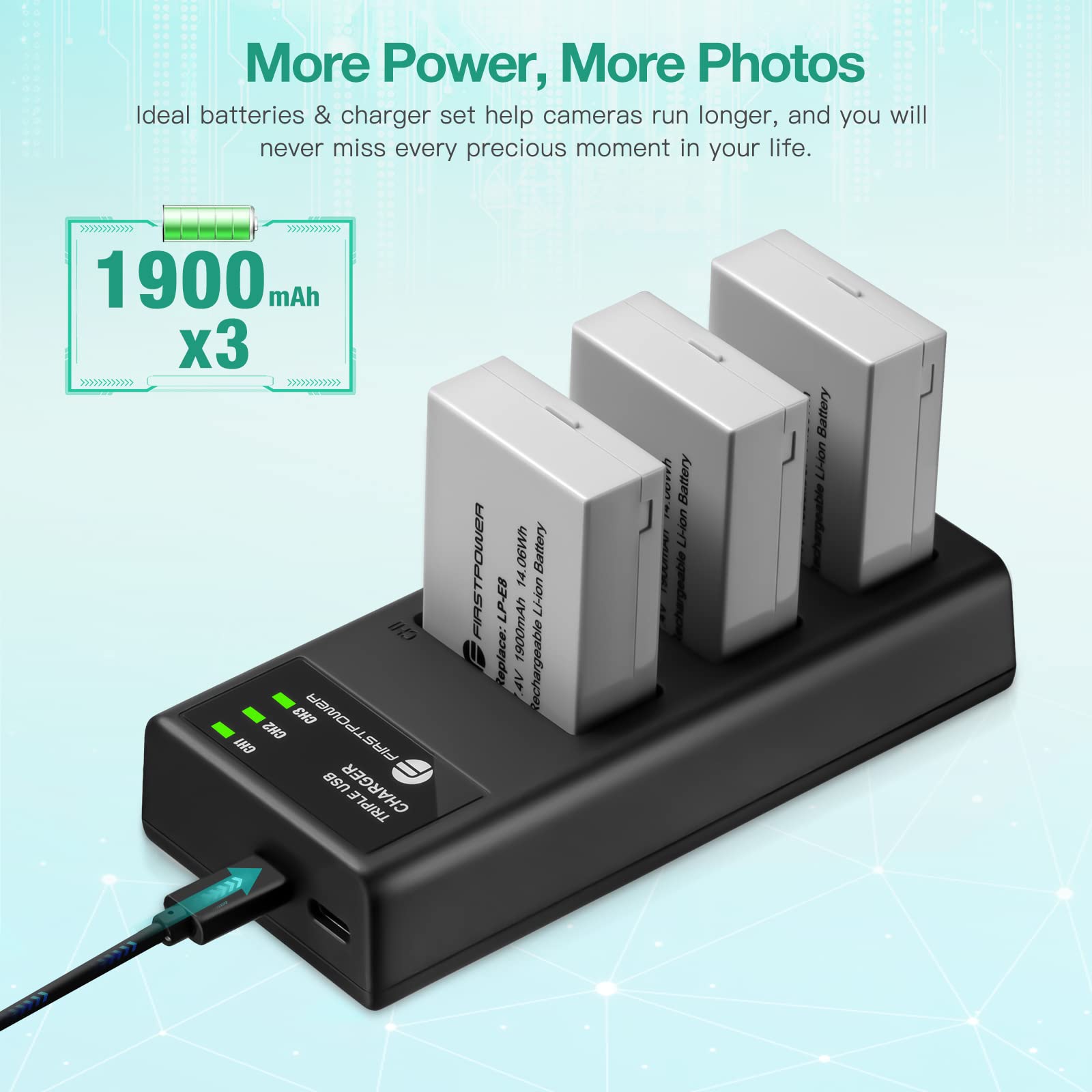 FirstPower LP-E8 Battery 3-Pack with Triple Slot Charger for Canon EOS Rebel T2i, T3i, T4i, T5i - Black