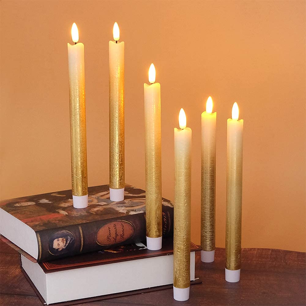 Wondise Flickering Flameless Taper Candles With Remote And Timer, Battery Operated Real Wax 3D Flame Gold Candles For Wedding Ho