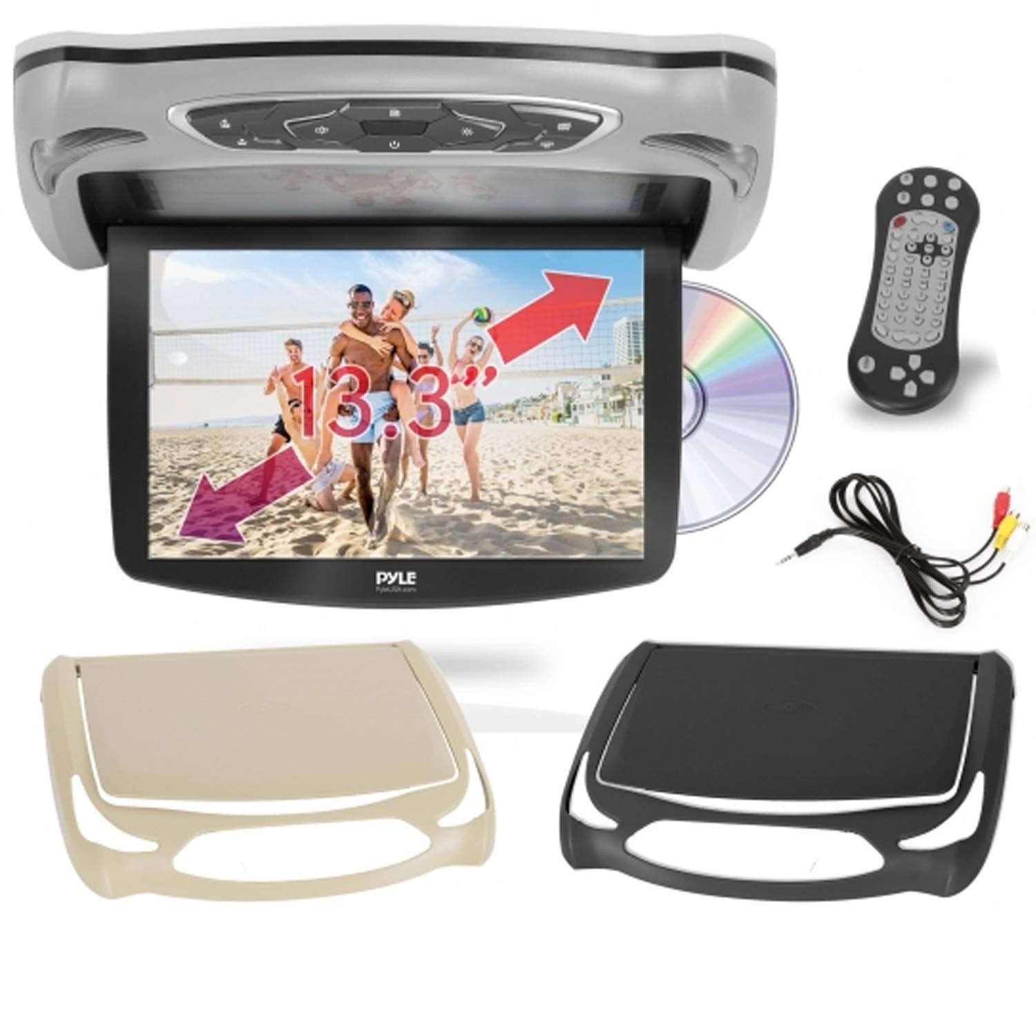Pyle Car Roof Mount DVD Player Monitor 13.3 inch Vehicle Flip Down Overhead Screen HDMI SD USB Card Input with Builtin IR Tran