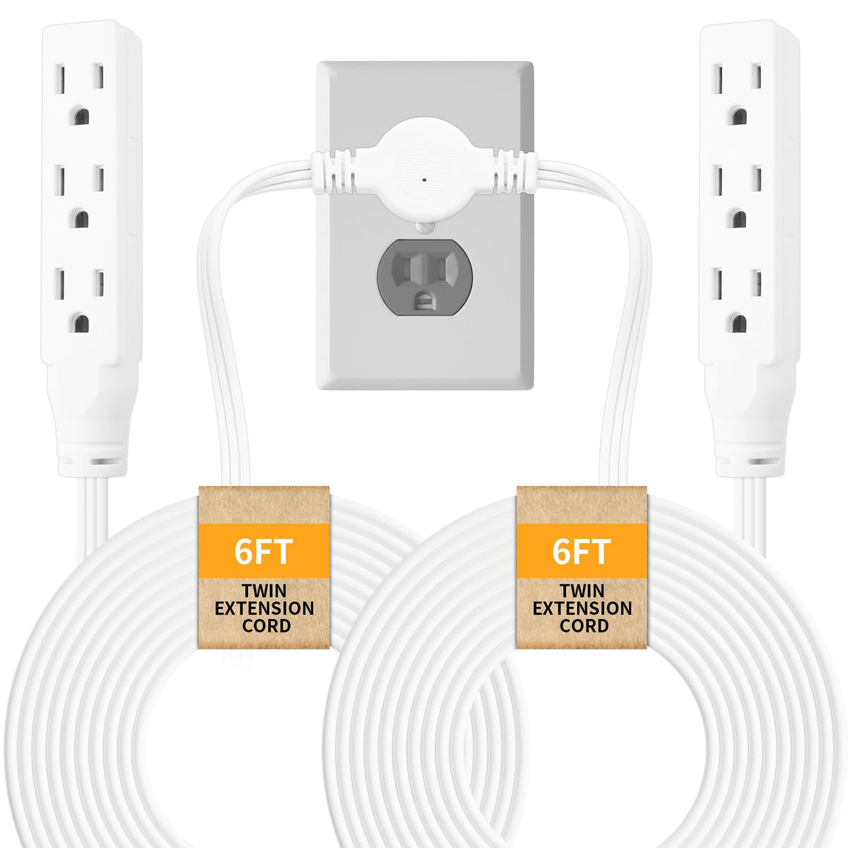 Makevivi Twin Extension Cord Power Strip   12 Ft   Flat Plug Extension Cord   3 Prong Split Extension Cord With 6 Outlets   Doub