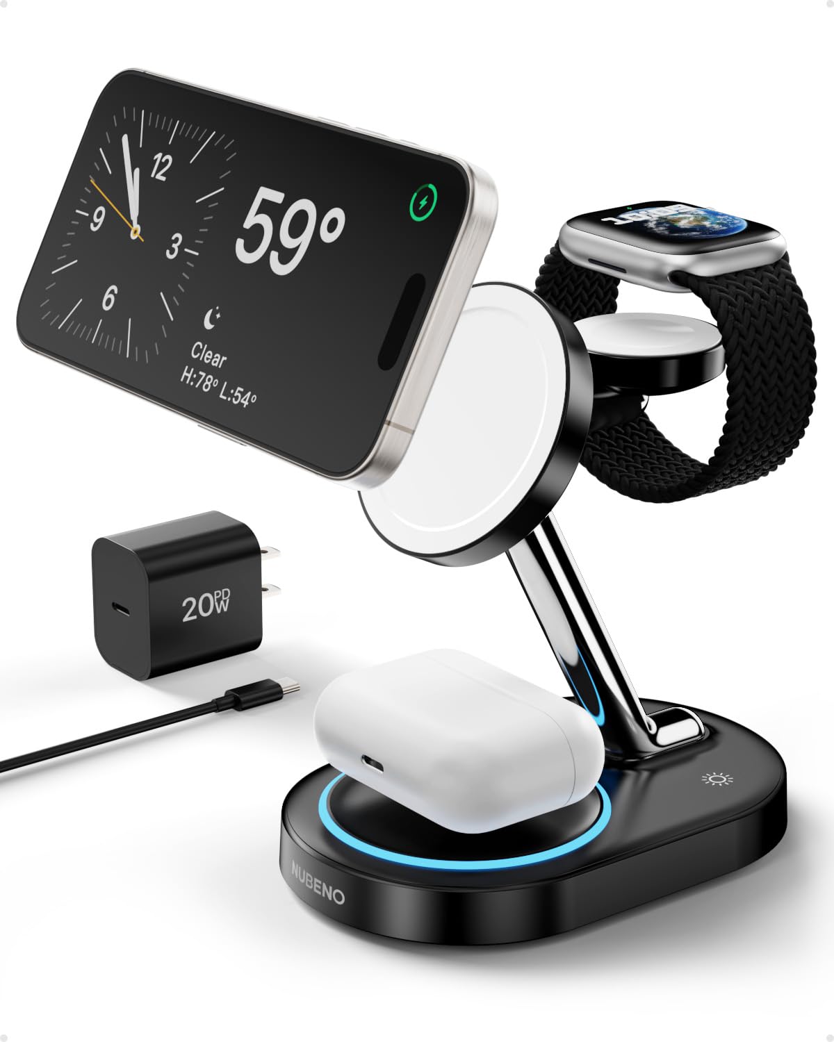 Nubeno Multiple Charging Station for Magsafe Apple Devices, Wireless Charger Station for MagSafe iPhones, 3 in 1 Magnetic Charge