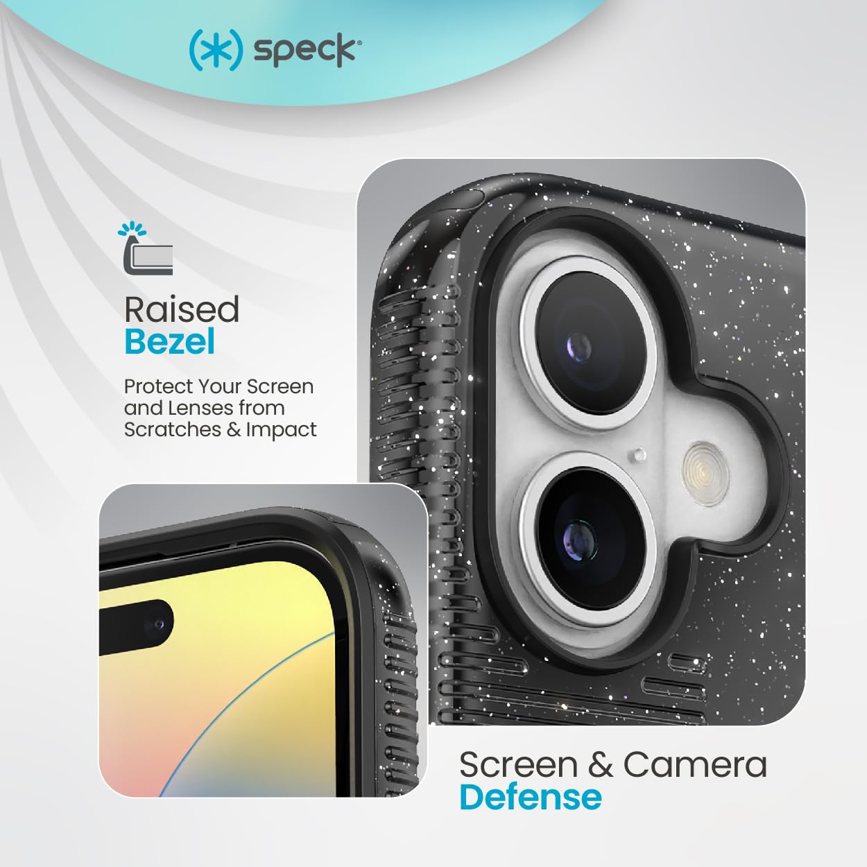 Speck iPhone 16 Case - CandyShell Grip, Slim MagSafe, Polycarbonate, Black Glitter/Steel Black, Model 150695-3247