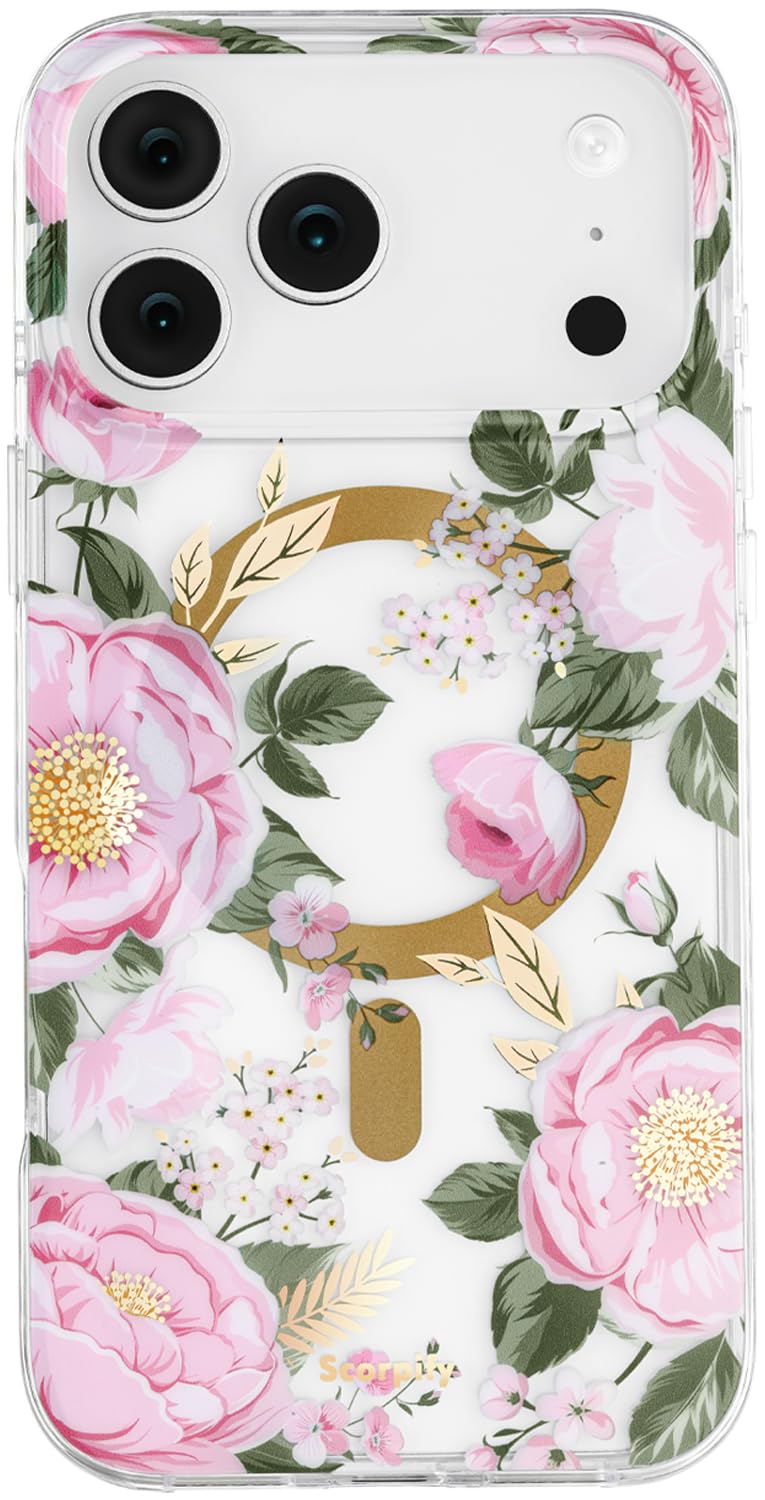 SCORPIFY for iPhone 17 Pro Case [Compatible with MagSafe] with Pink Peony Floral Design, Cute Clear Flower Magnetic Phone Cover 