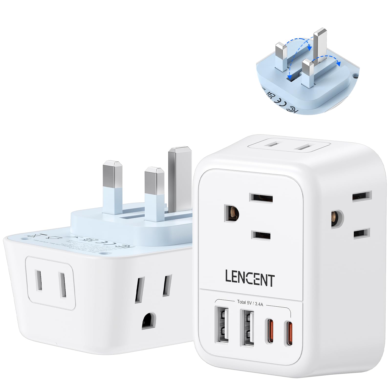 Lencent Foldable Us To Uk Plug Adapter, Type G Travel Outlet Adapter With 4 Usb Charger(2 Usb C), Power Adaptor For Usa To Irela