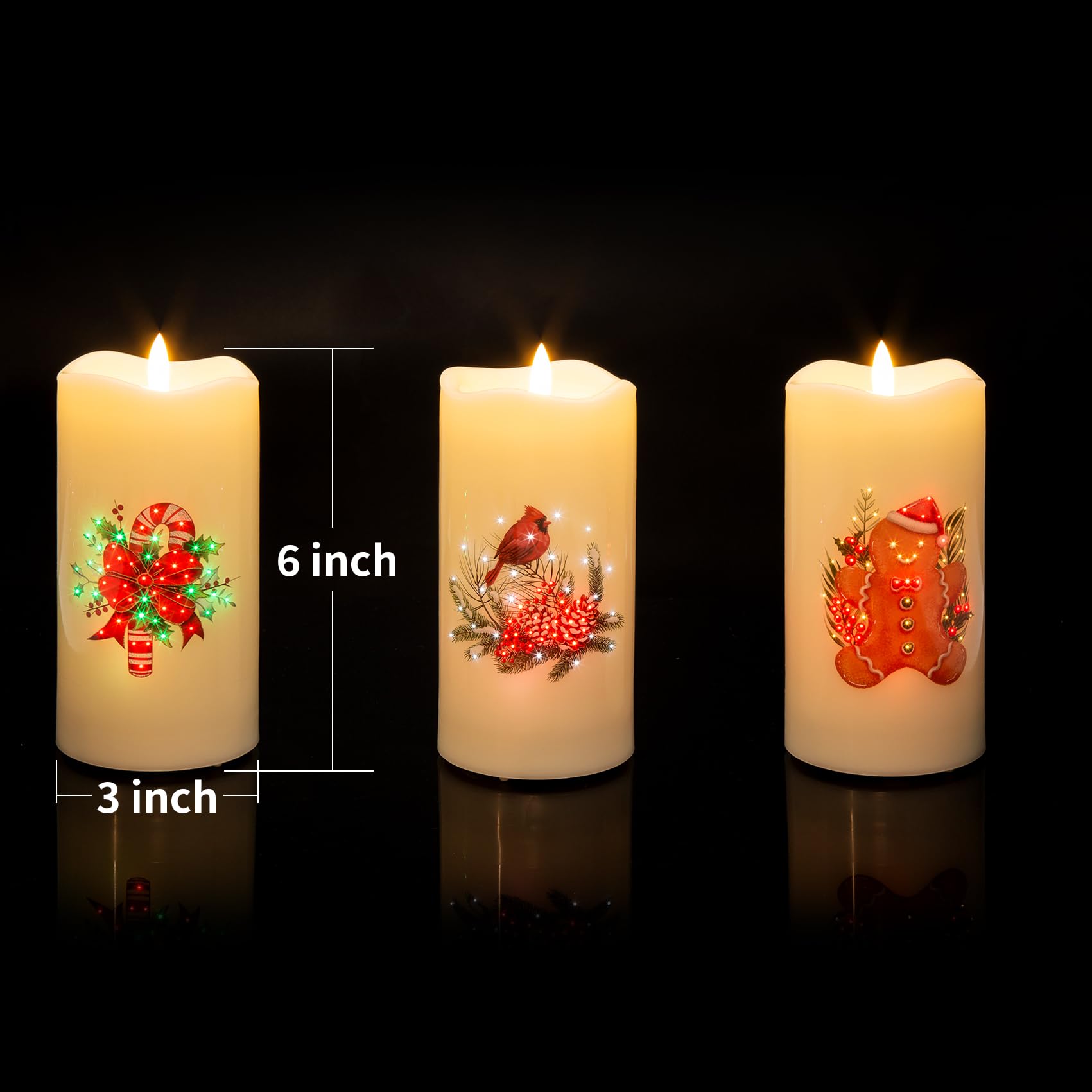 Eywamage Fiber Optic Flameless Candles With Remote, Cardinal Gingerbread Candy Canes Candles Flickering Led Pillar Candles Set O