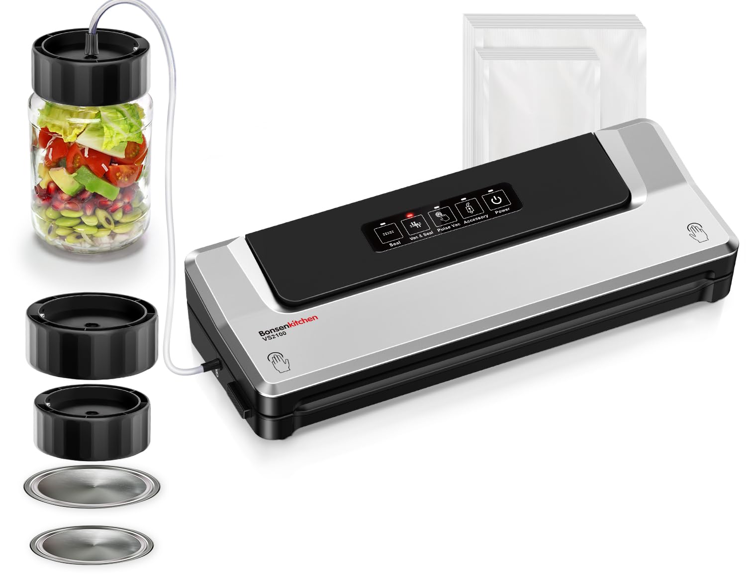 Bonsenkitchen Vacuum Sealer Machine with Mason Jar Sealer Kit | Compact Food Sealer for Kitchen Storage & Meal Prep | Multiple M