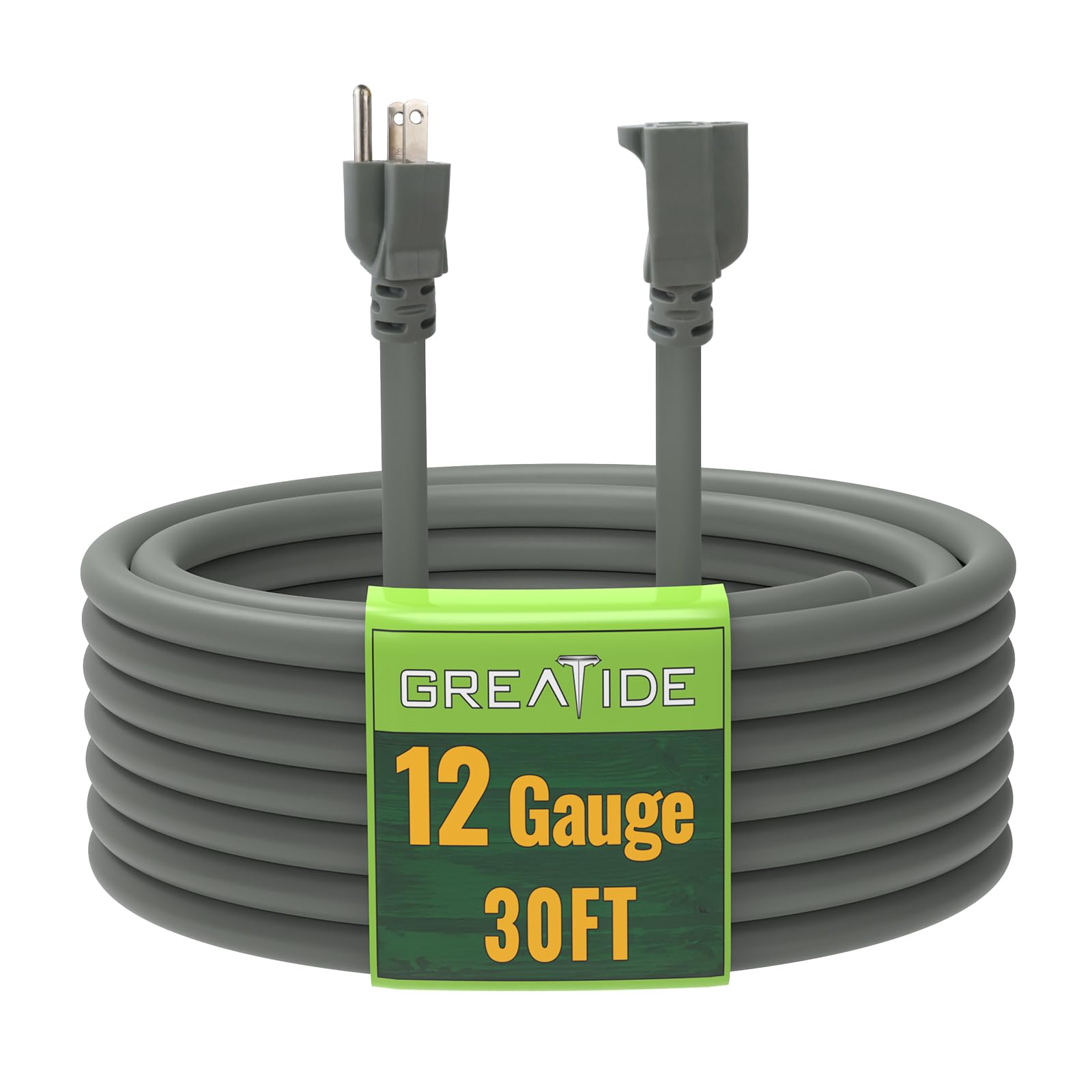 Greatide 30 Ft Outdoor Extension Cord   12/3 Sjtw Heavy Duty Grey Extension Cable With 3 Prong Grounded Plug   Power Cord For La