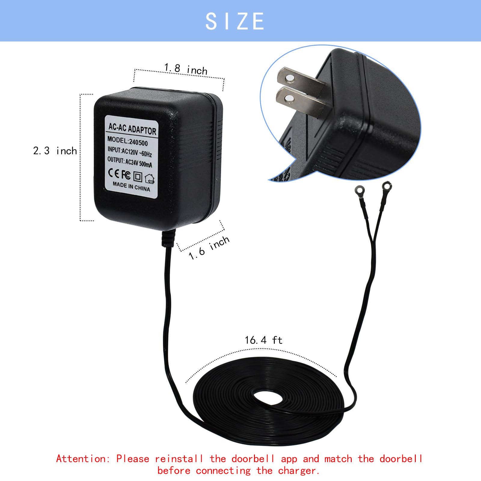 Vvhooy 24V Transformer Doorbell Power Adapter Compatible With Google Nest,Wyze,Eufy Video Doorbells, C Wire Adapter 16.4Ft/5M Ex