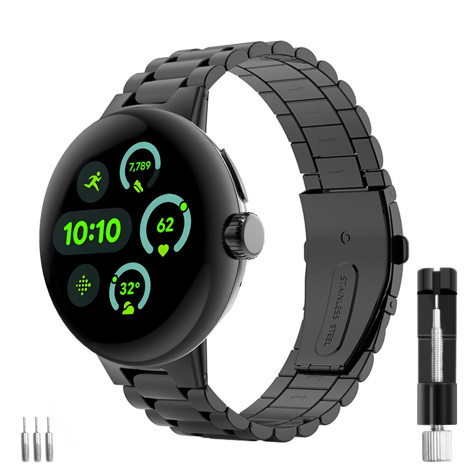 Aresh Compatible With Google Pixel Watch Band Women Men, Stainless Steel Adjustable Metal No Gap Band For Google Pixel Watch Bla