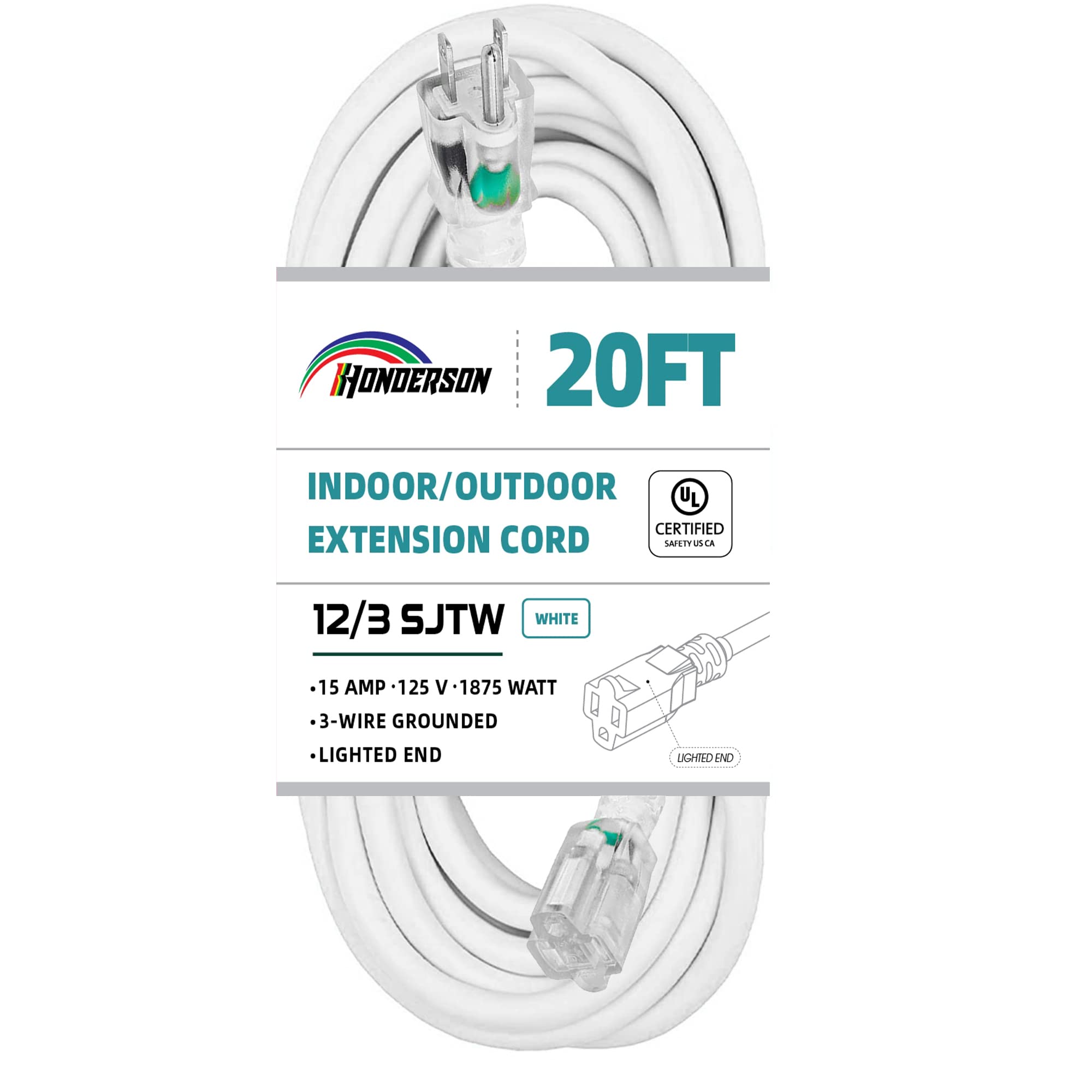 Honderson Indoor Outdoor Extension Cord Weatherproof With Lighted End, Ul Listed, 12 Gauge 20Ft White 3 Prong Heavy Duty Extensi