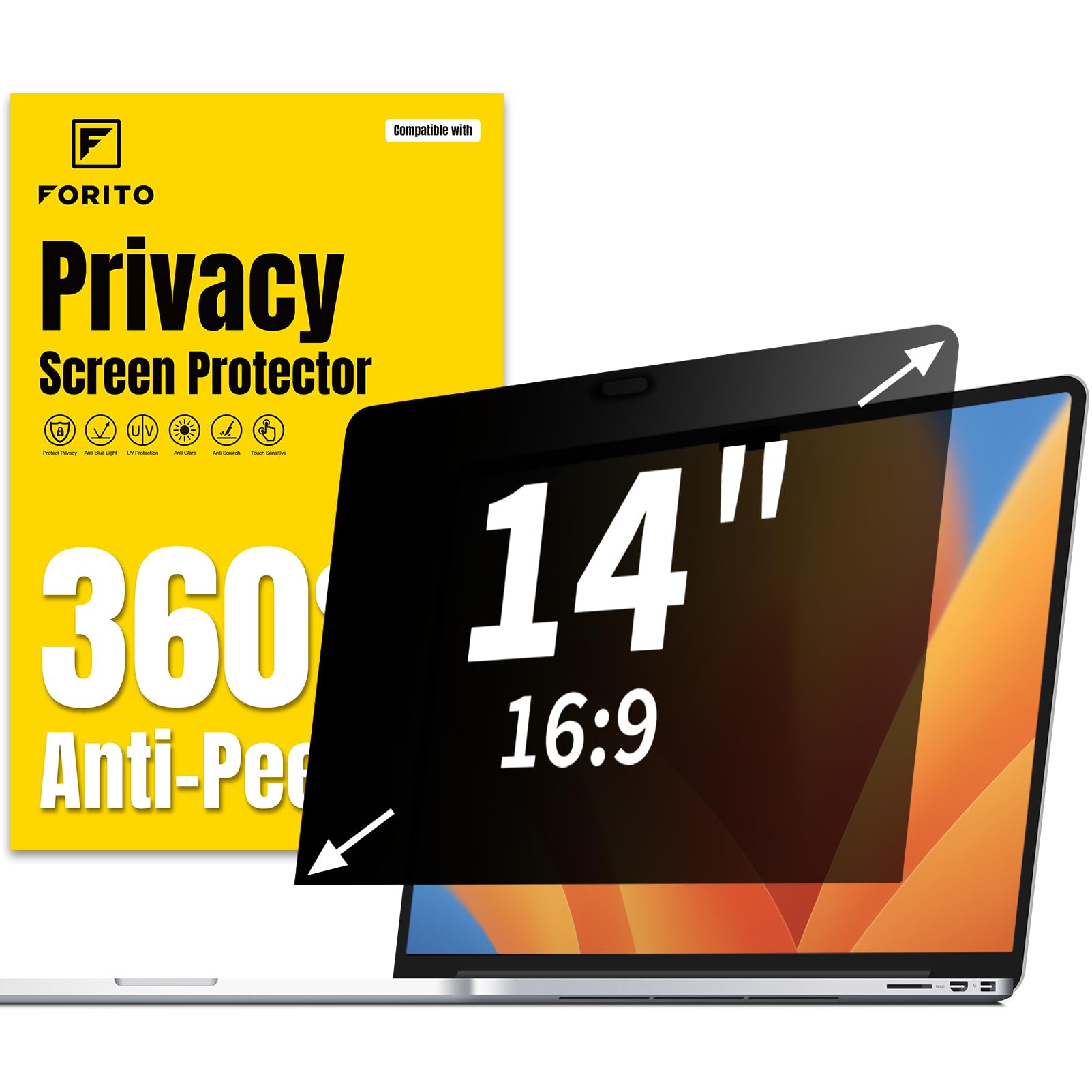 F Forito 14 Inch 16:9 Laptop Privacy Screen Protector, 360 Anti Peeping And Anti Glare Laptop Privacy Shield Compatible With 14'