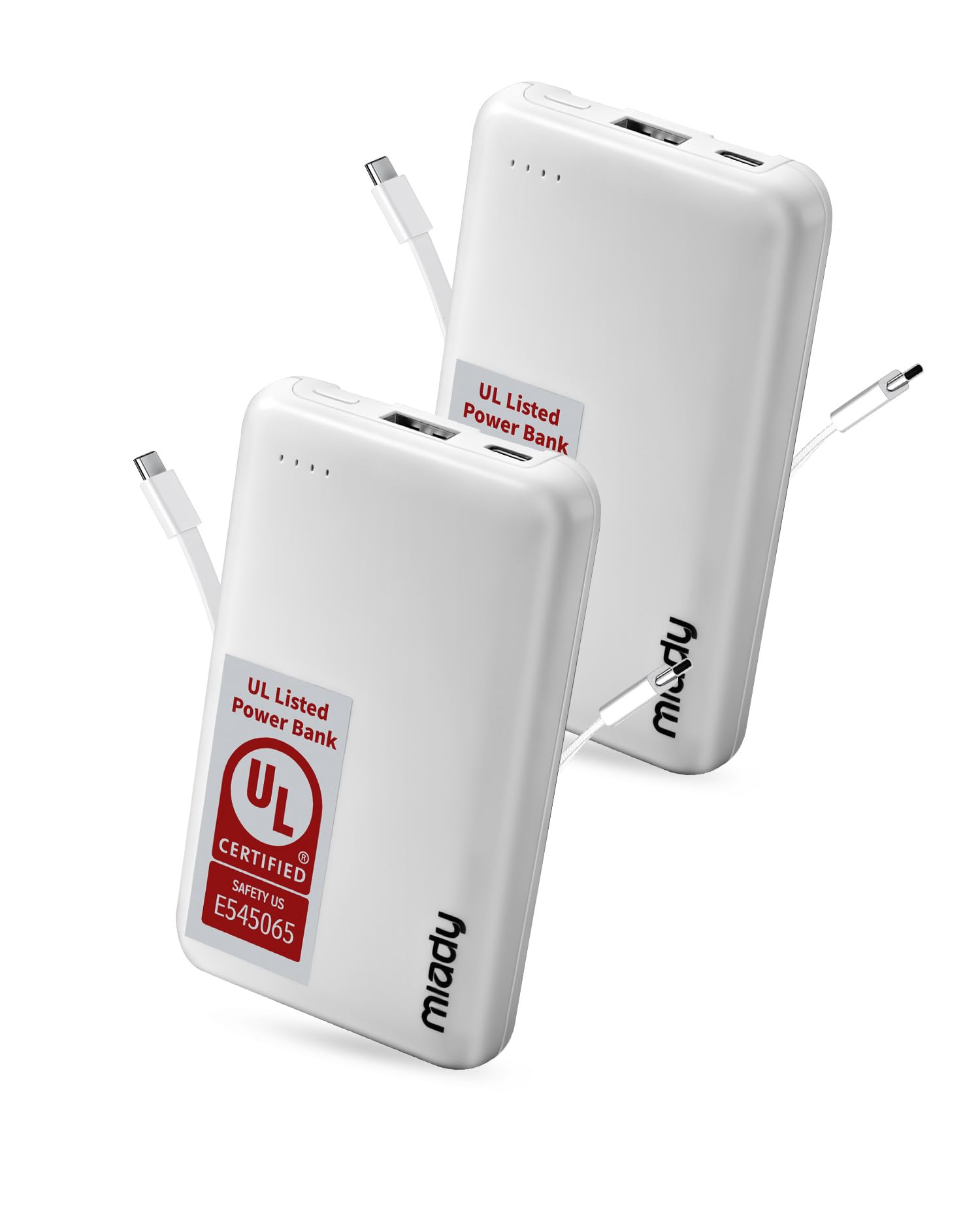Miady 2-Pack UL Listed Small Portable Charger, 5000mAh Slim Power Bank Built-in 2 Cables Compatible with iPhone 17/16/15/14/13 G