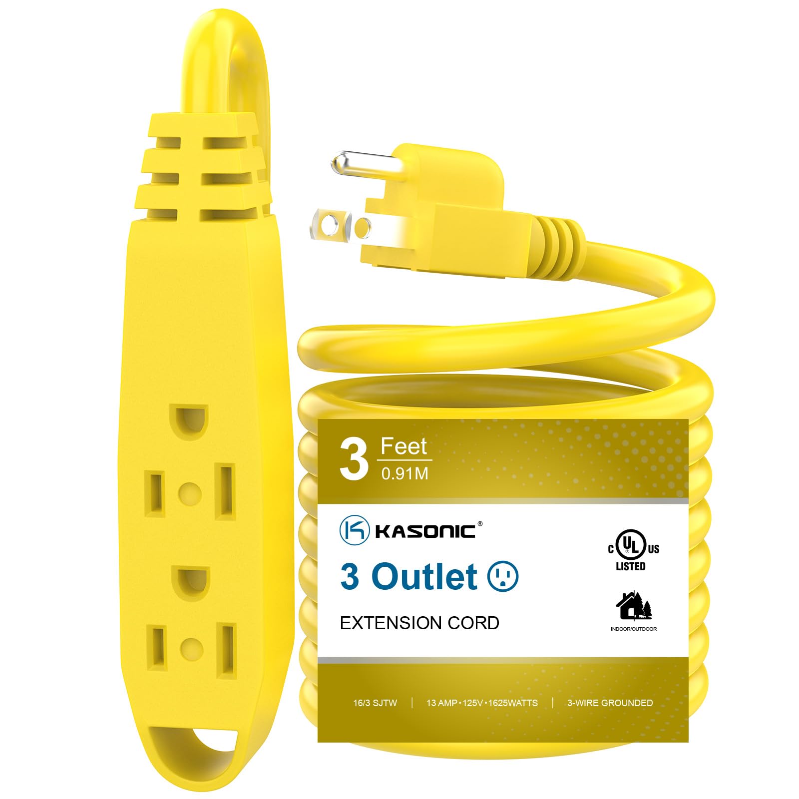 K Kasonic   3 Feet 3 Outlet Extension Cord, Ul Listed, 16/3 Sjtw 3 Wire Grounded, 13 Amp 125 V 1625 Watts, Multi Outlet Indoor/O