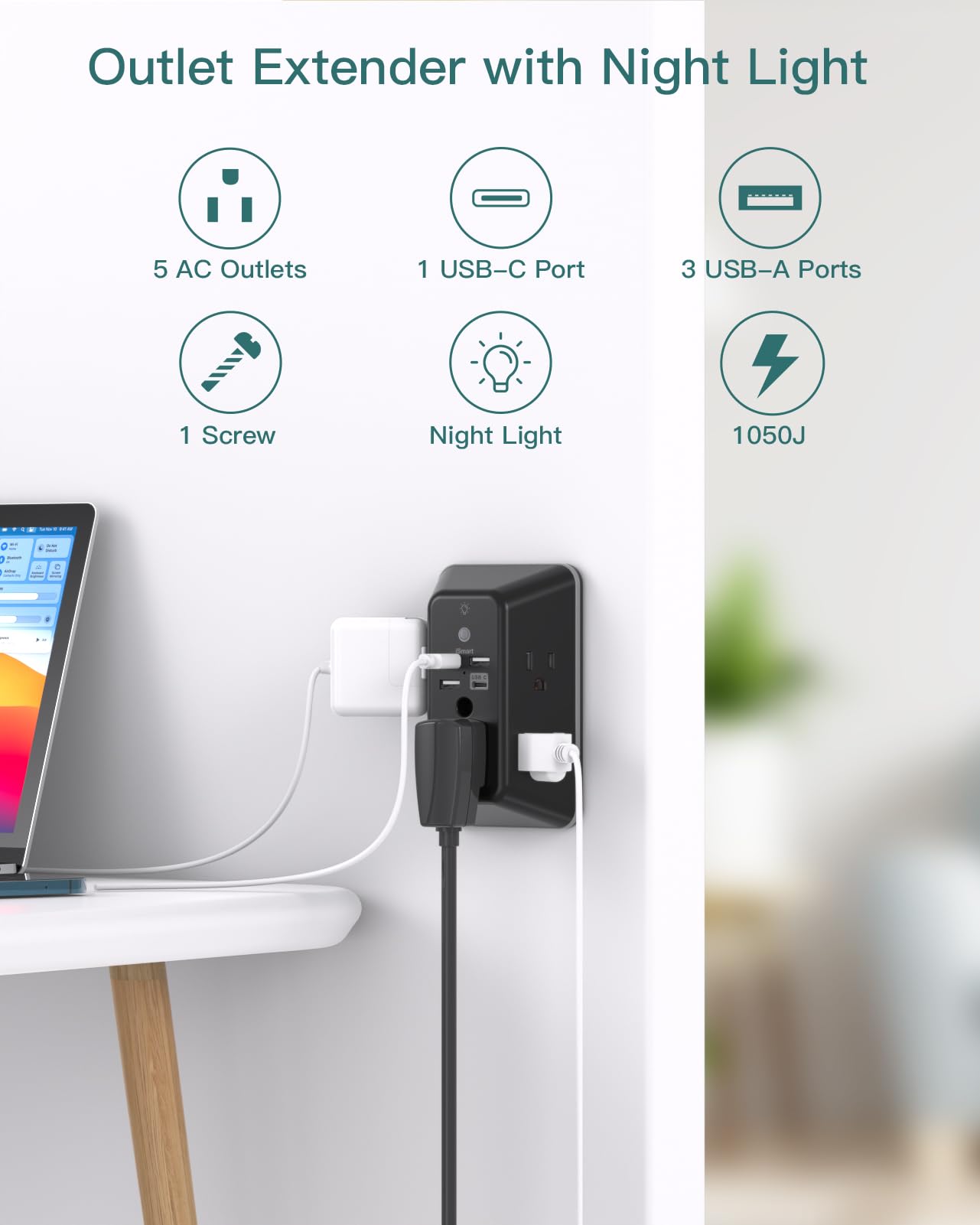 Surge Protector, Outlet Extender With Night Light, Addtam 5 Outlet Splitter And 4 Usb Ports(1 Usb C), Multi Plug Wall Outlet For