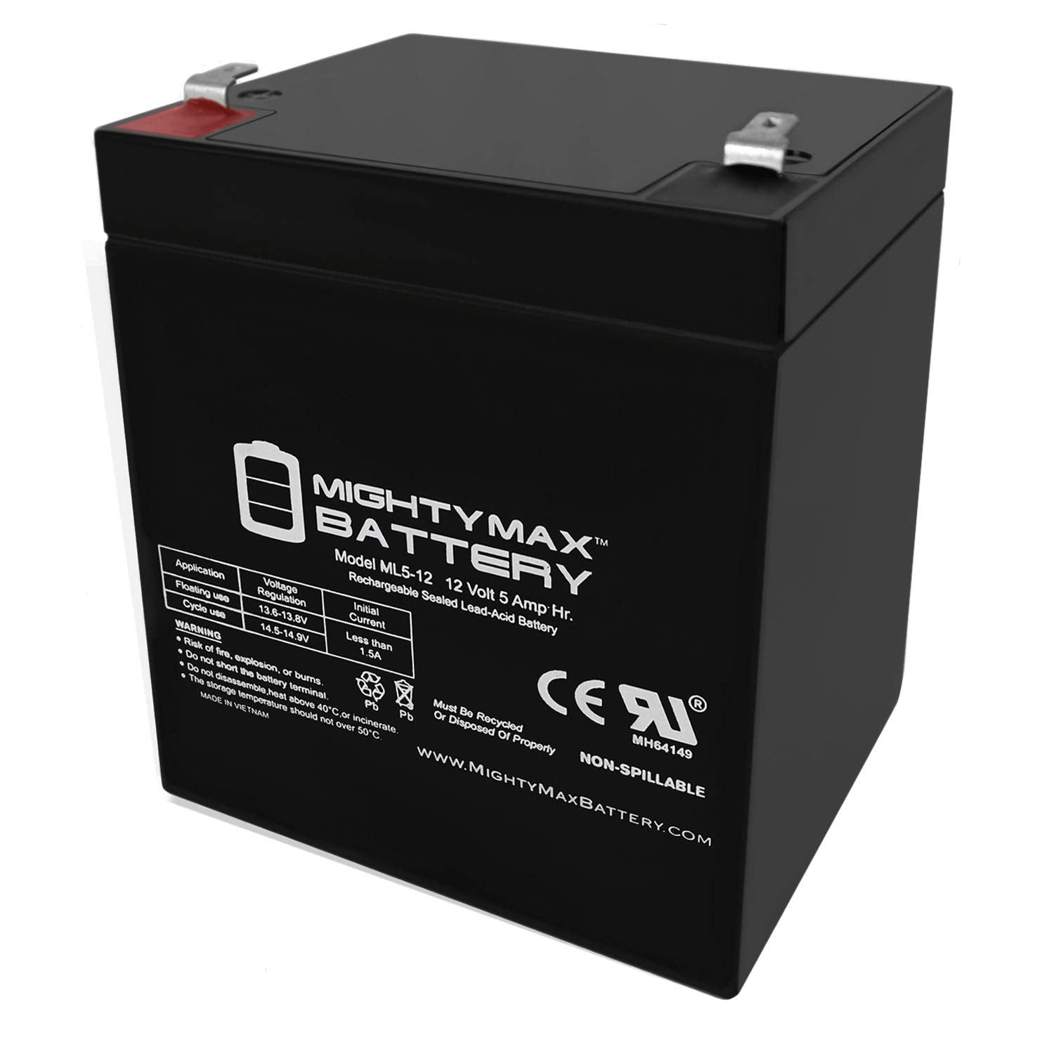 Mighty Max Battery ML5-12 - 12 Volt 5 AH, F1 Terminal, Rechargeable SLA AGM Battery