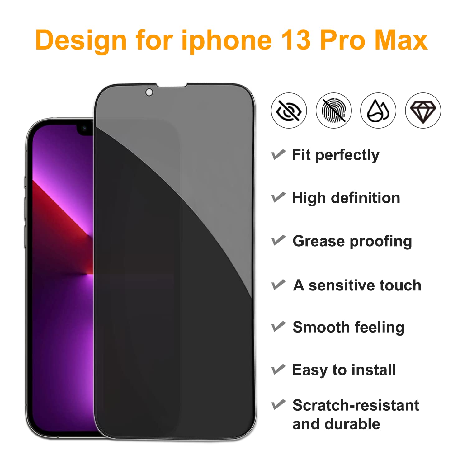 Pehael [2+2 Pack Iphone 13 Pro Max Privacy Screen Protector With Camera Lens Protector Full Coverage Anti Spy Tempered Glass Film 9H Hardness Upgrade Edge Protection Easy Installation Bubble Free
