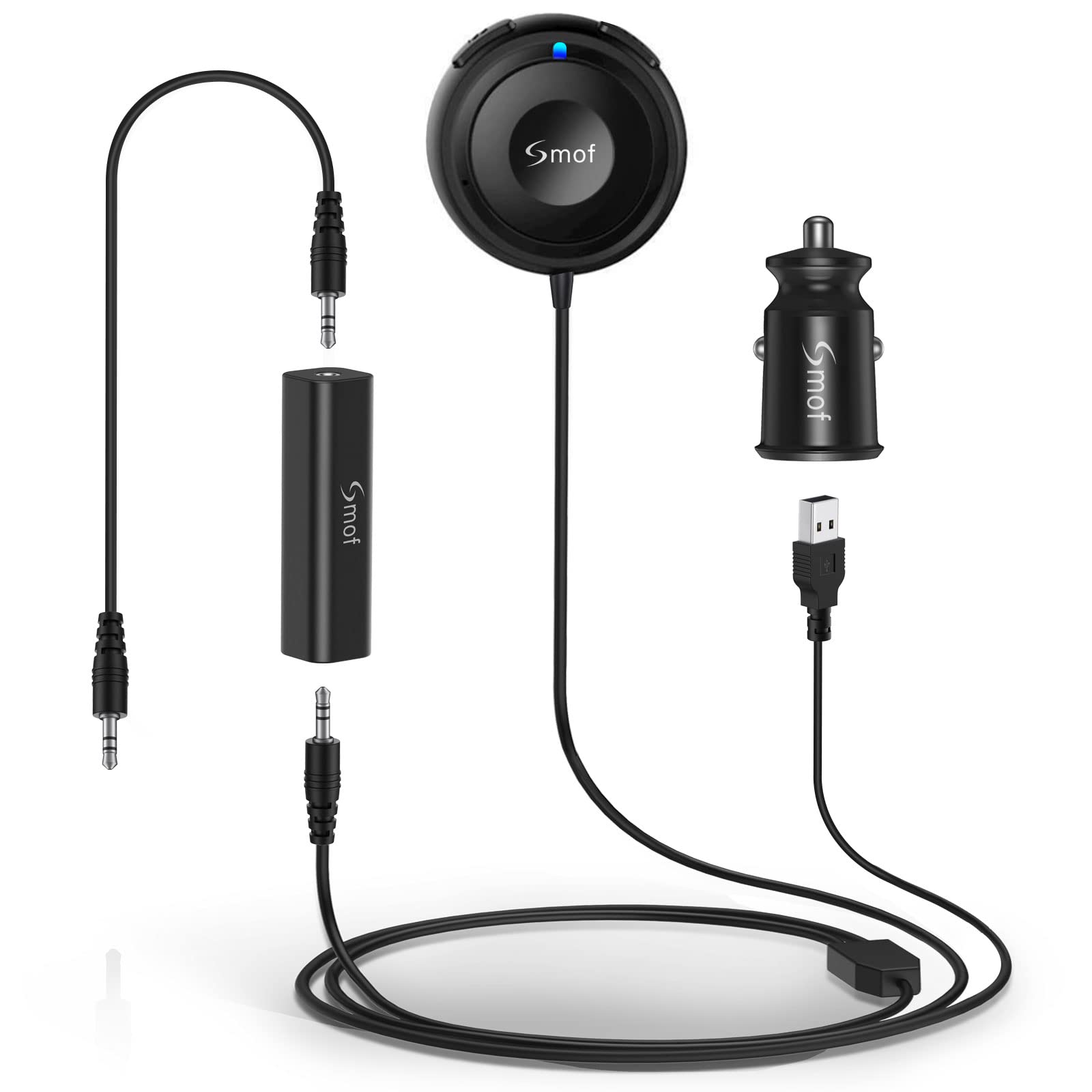 Smof Bluetooth Car Kit, Aux Bluetooth Adapter For Car With Ground Loop Noise Isolator For Handsfree Talking And Music Streaming, Wireless Bluetooth Receiver With Dual Port Usb Car Charger, Input Port