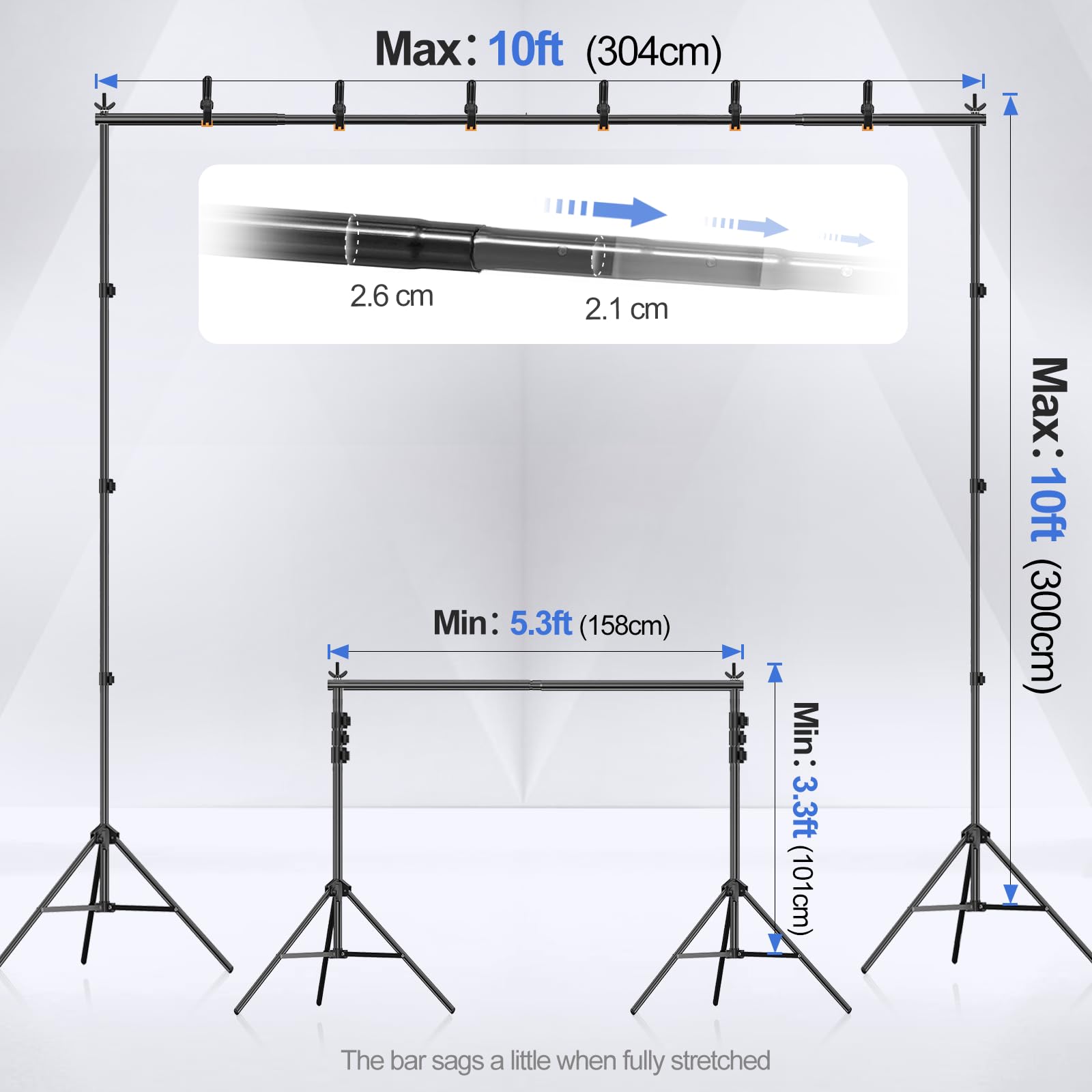 Emart Backdrop Stand 10X10Ft(Wxh) Photo Studio Adjustable Background Stand Support Kit With 2 Crossbars, 6 Backdrop Clamps, 2 Sa