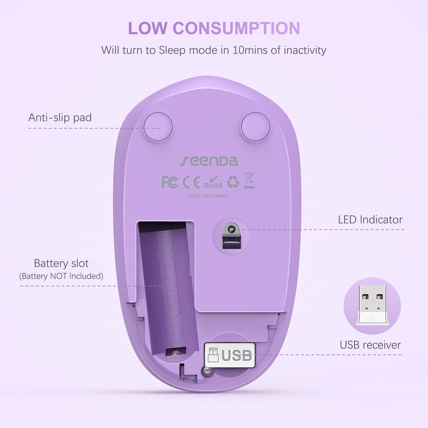 Seenda Wireless Mouse, 2.4G Noiseless Mouse With Usb Receiver Portable Computer Mice Cordless Mouse For Pc, Tablet, Laptop   Pur