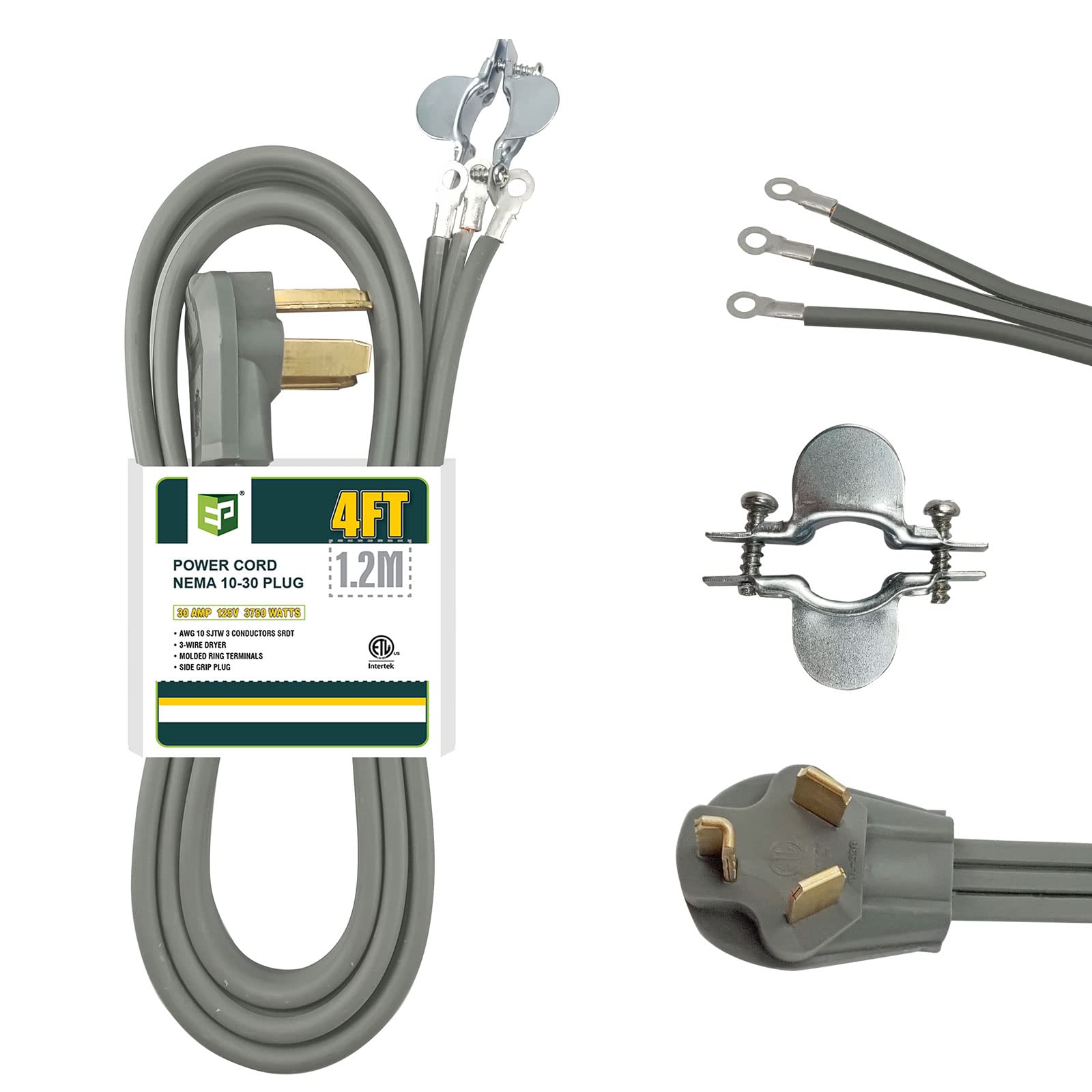 Ep 3 Prong Dryer Cord, 4 Ft 10/3 Srdt, 30 Amp Appliance Extension Power Cord, Nema 10 30, Gray