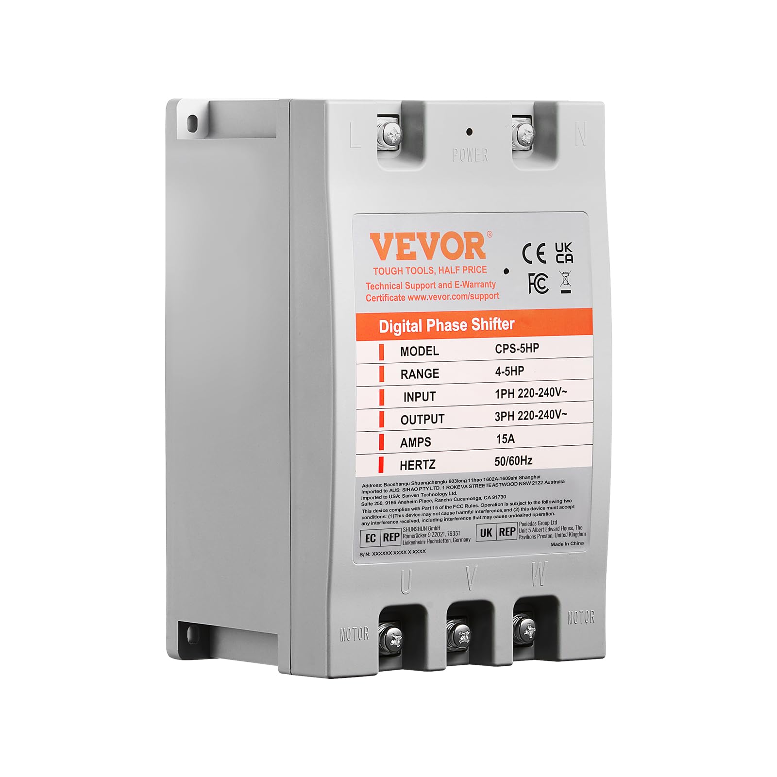 Vevor Single Phase To 3 Phase Converter   5Hp 15A Digital Phase Shifter For Residential And Light Commercial Use, 220V 240V Inpu