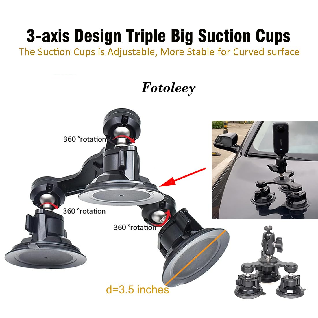Fotoleey 360 Camera Heavy Duty Outside 4 Suction Cups Car Mount Kit For Insta360 X4/X3/One Rs Compatible With Gopro Max, Hero 12