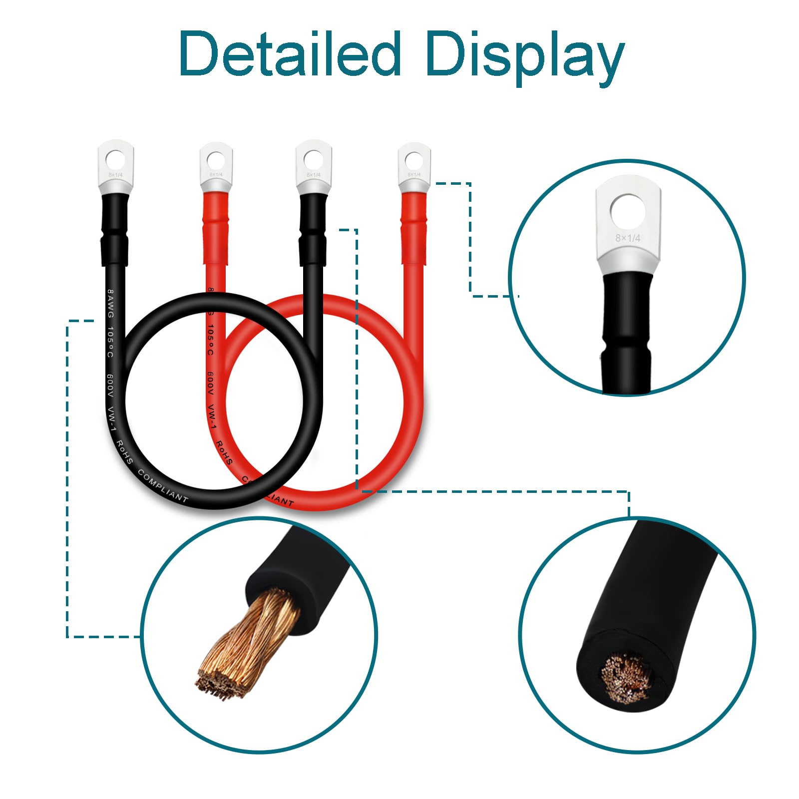 Qiatol Battery Cable, 8 Awg Battery Cables With Terminals, 2Pcs Copper Battery Cables., Red & Black(2Pcs)