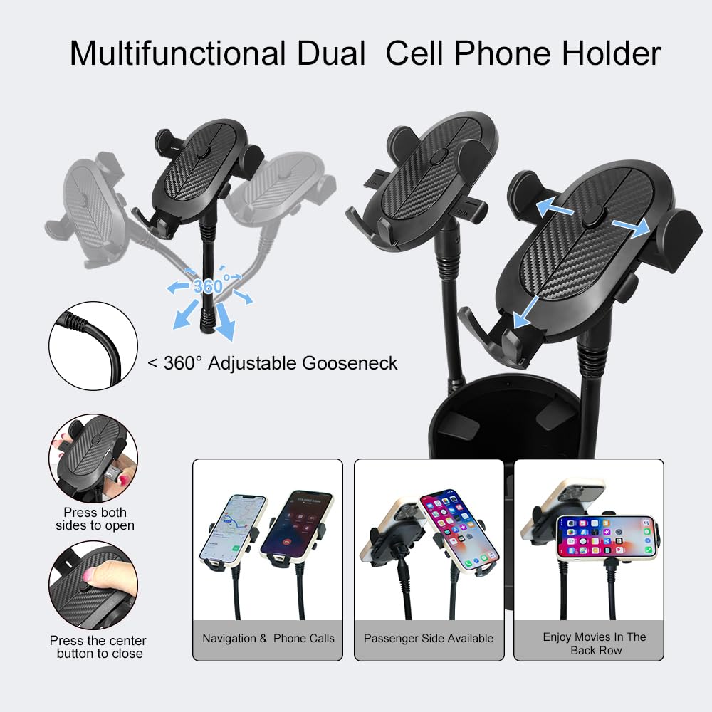 Jinkey Dual Cup Phone Holder For Car, 360Rotatable Car Phone Mount Adjustable Gooseneck Cell Phone Cup Holder Universal Fits For