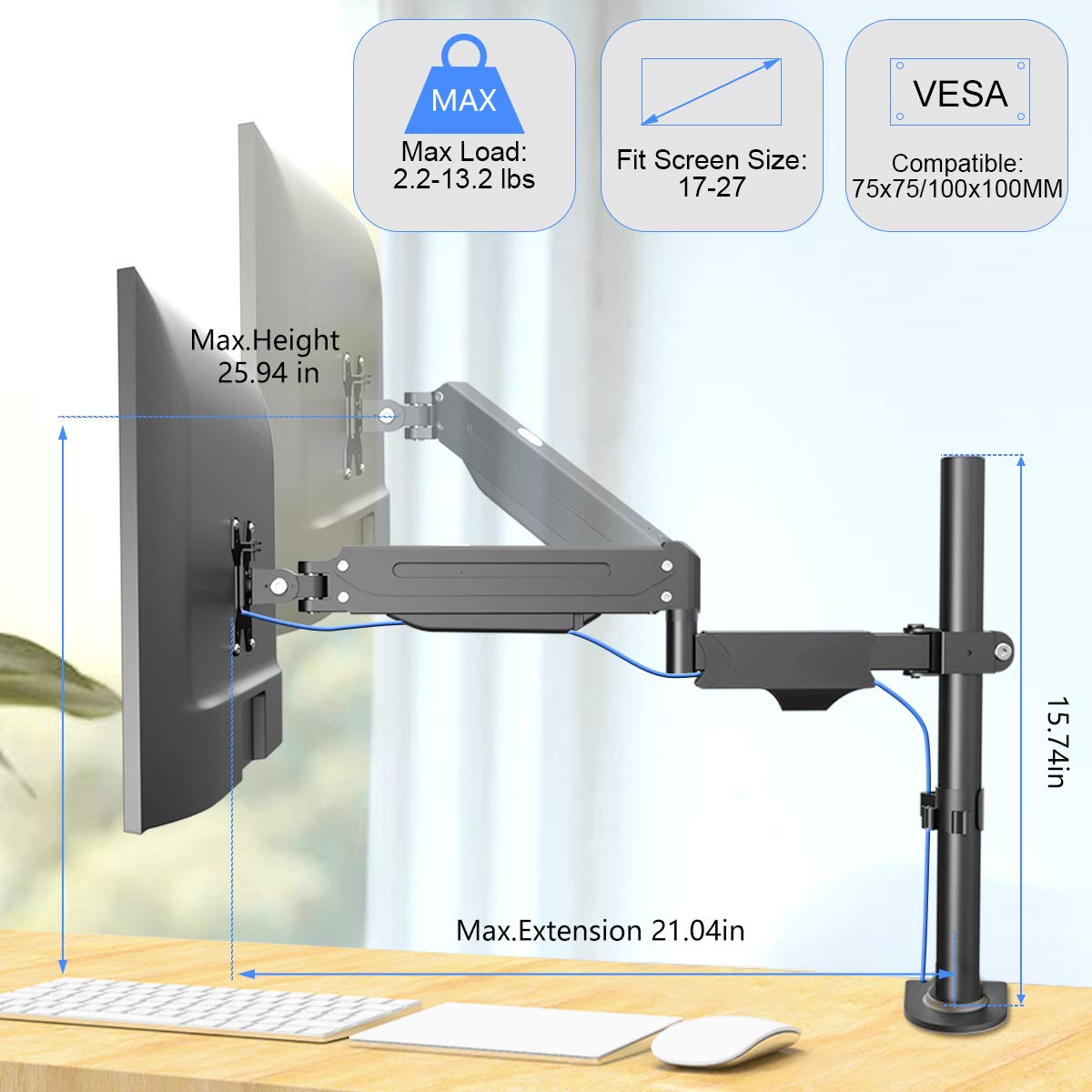 Suptek Single Monitor Mount Stand Height Adjustable Gas Spring Monitor Arm Desk Mount For Computer Screen 17 To 27 Inches,Vesa B
