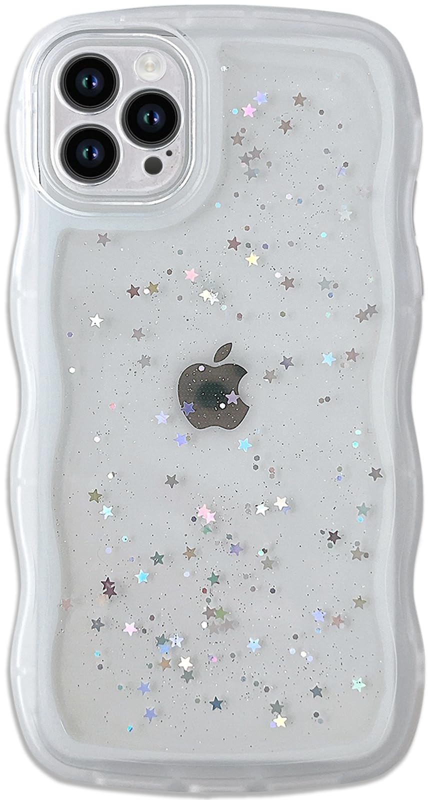 Qokey For Iphone 12 Pro Case 6.1'' Curly Wave Edge Design Transparent Bling Glitter Star Shiny Case Cute Clear Transparent Full 