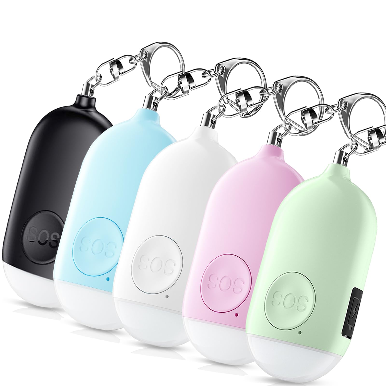 Kimfly Personal Alarm Siren 5-Pack - 130dB Self Defense Alarm Keychain, Rechargeable with Emergency LED Flashlight - White, Touc