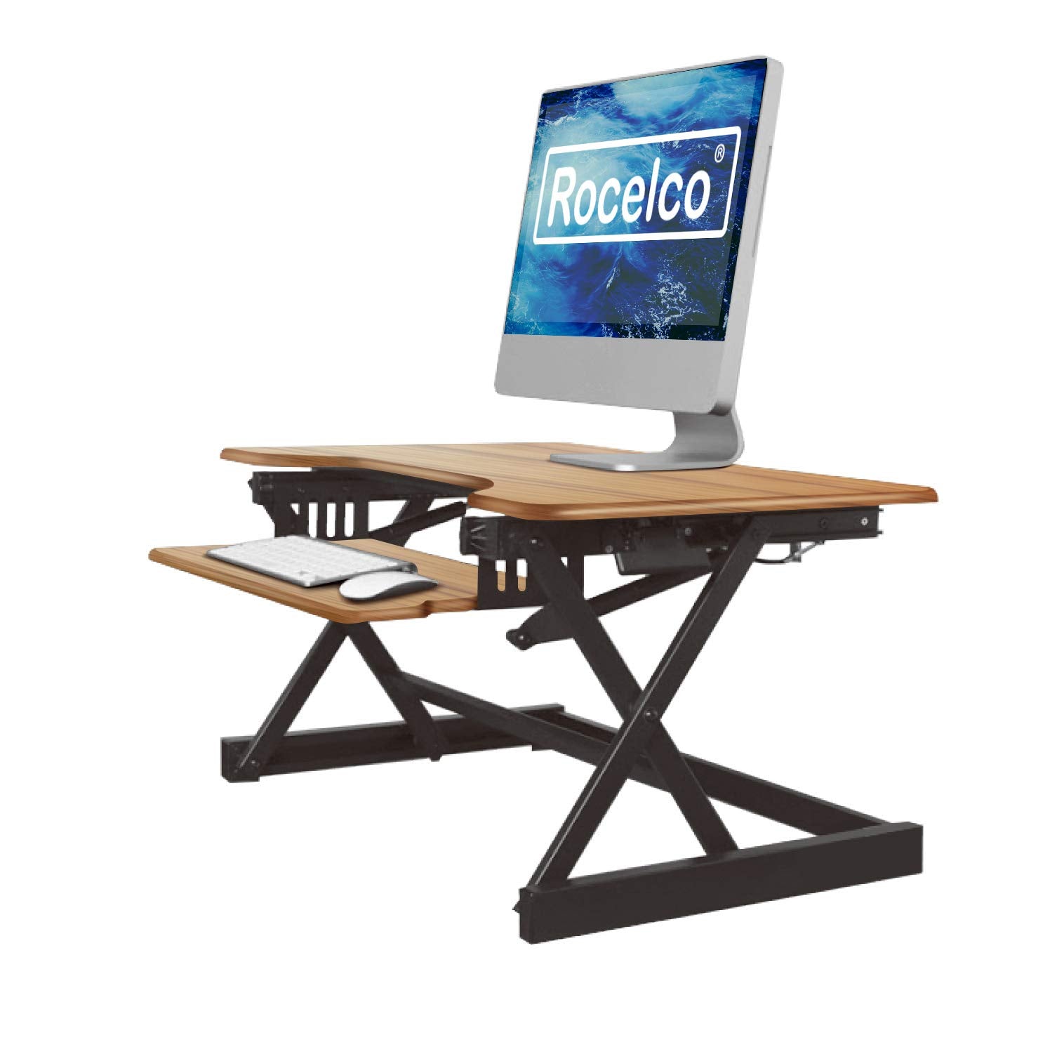 Rocelco 32'' Height Adjustable Standing Desk Converter   Sit Stand Computer Workstation Riser   Dual Monitor Retractable Keyboar